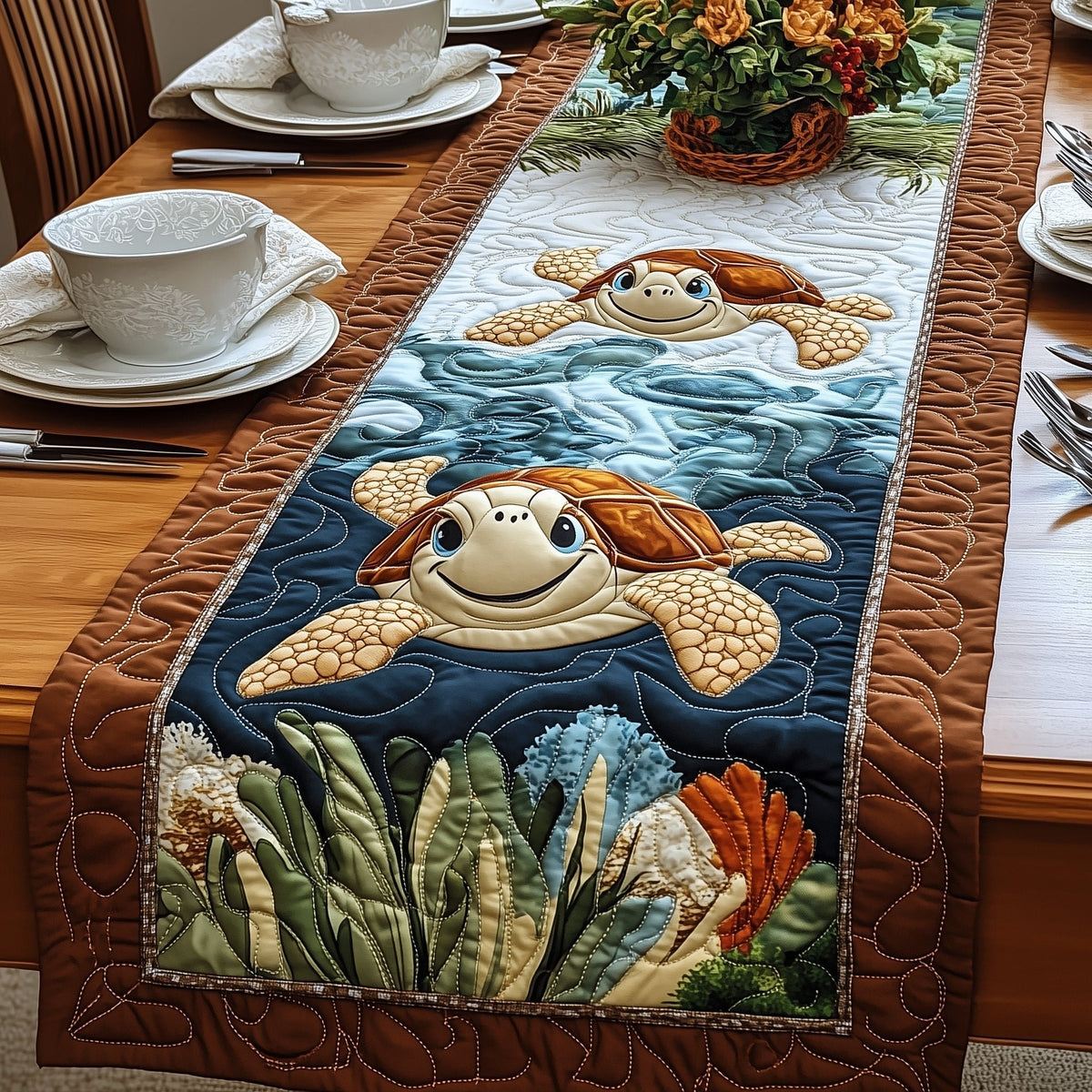 Smiling Turtle in Blue Water Table Runner