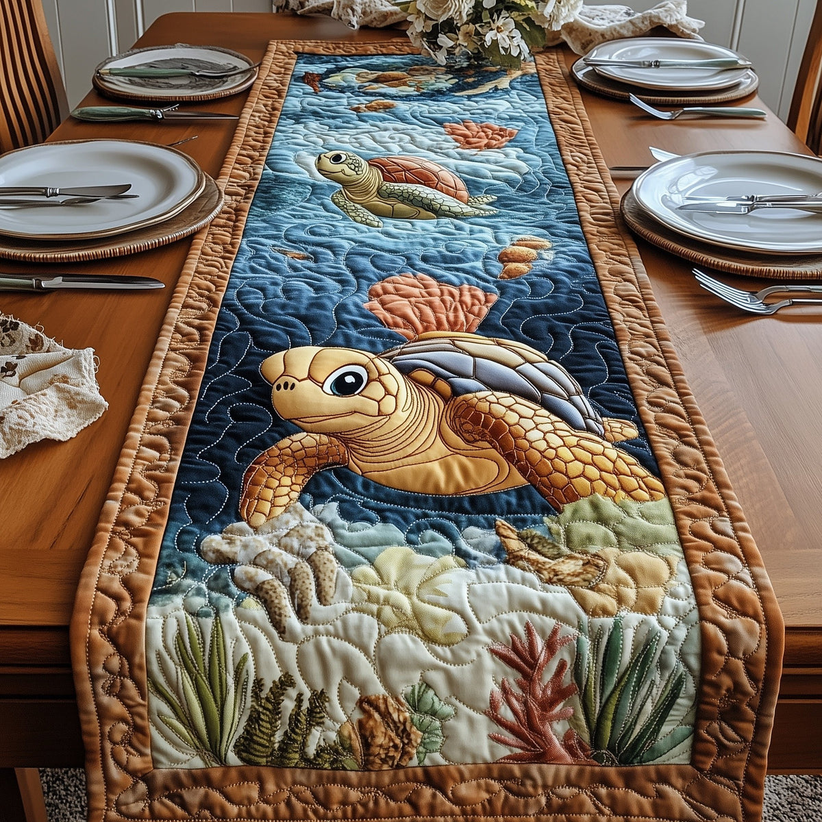 Turtle over Coral and Shells Table Runner