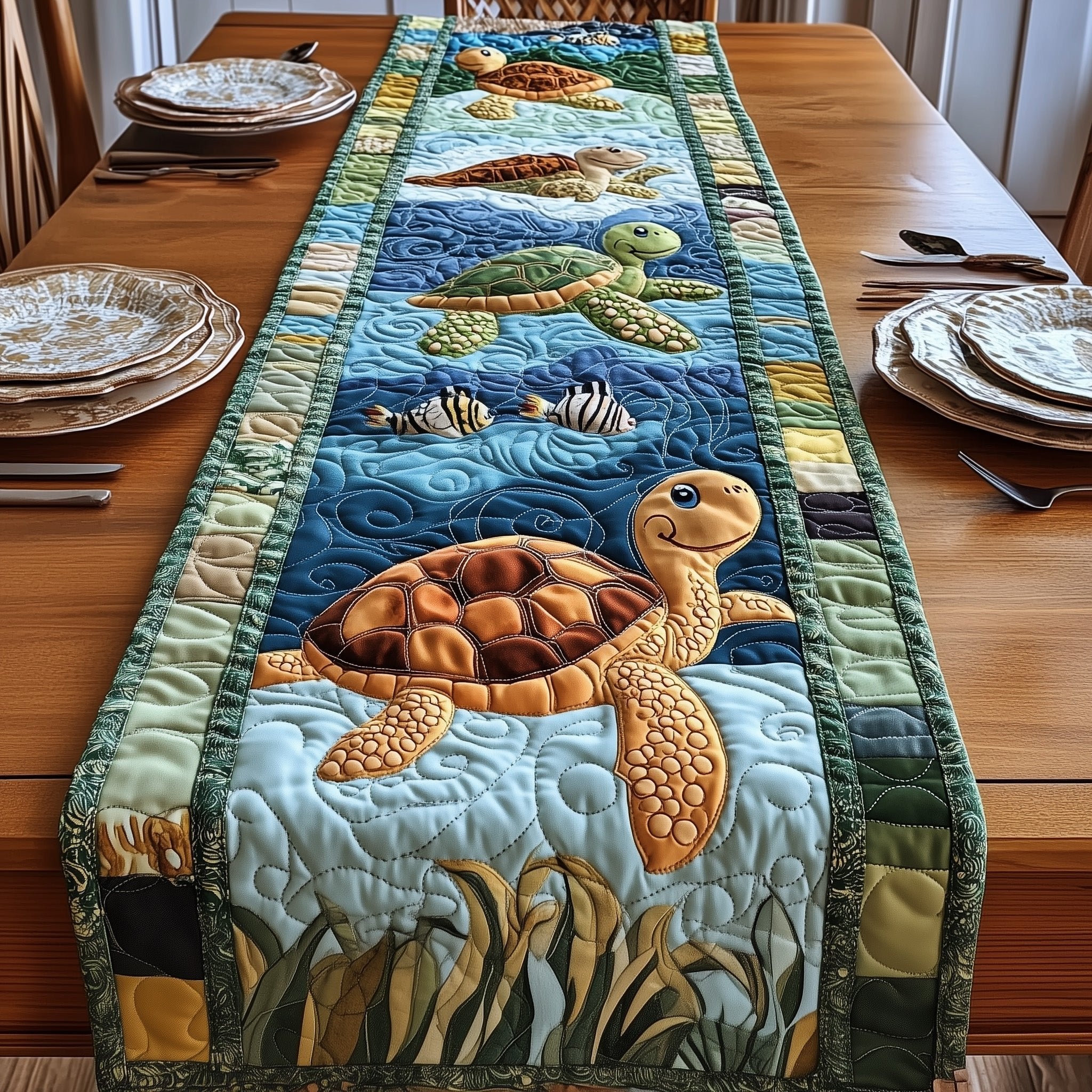 Turtle with Fish in Blue Sea Table Runner