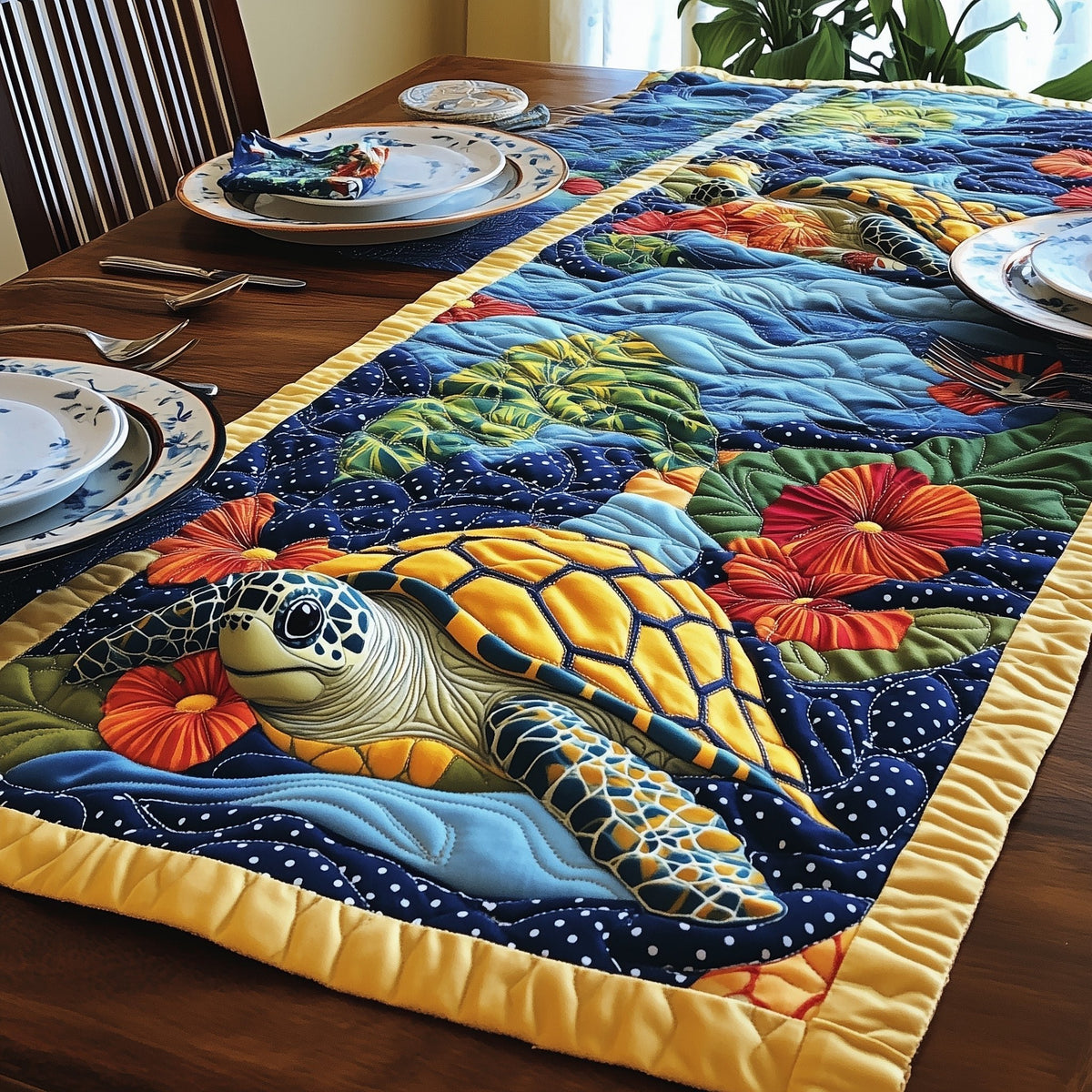 Turtle with Red Hibiscus on Navy Table Runner
