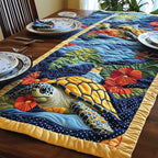 Turtle with Red Hibiscus on Navy Table Runner