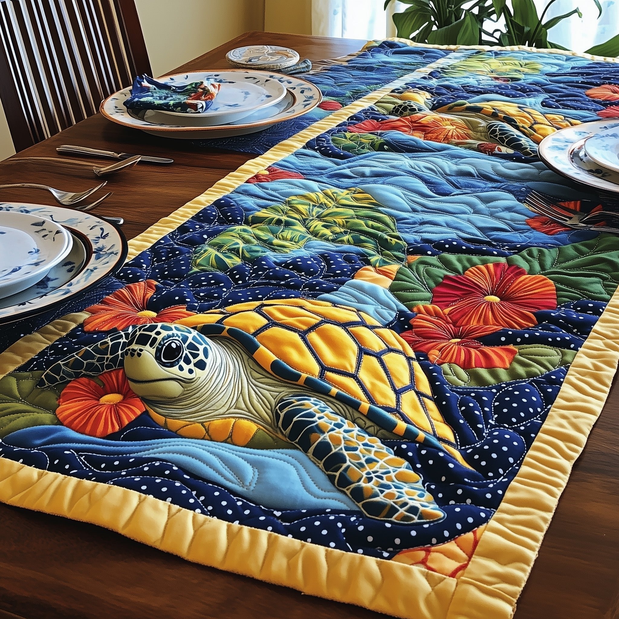 Turtle with Red Hibiscus on Navy Table Runner