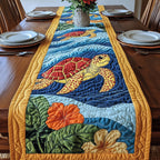 Turtle with Orange Hibiscus and Leaves Table Runner