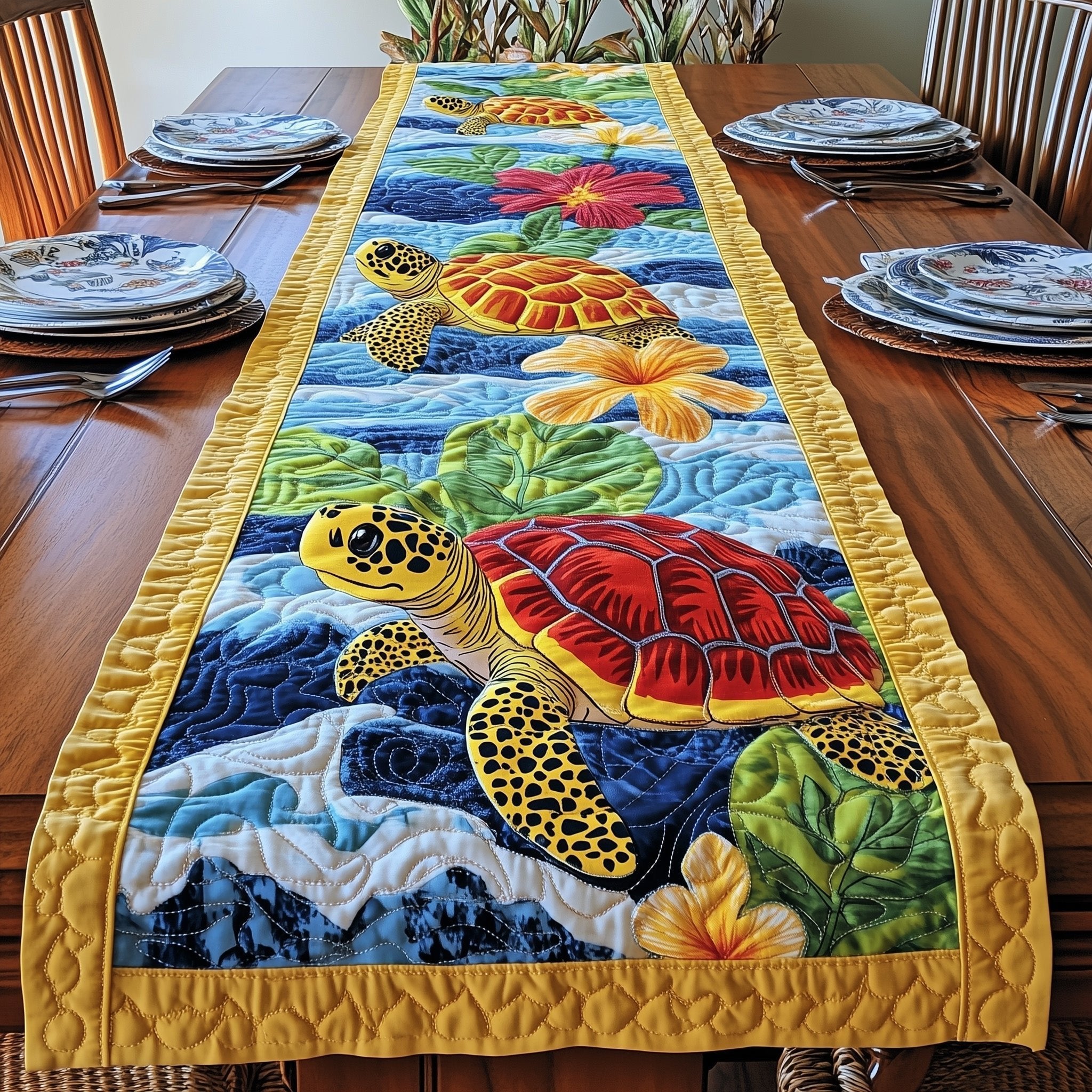 Turtles with Frangipani on Waves Table Runner