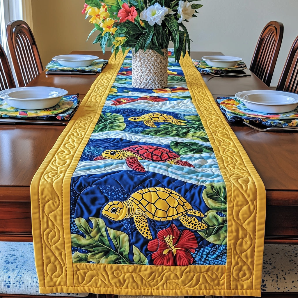 Yellow Turtle in Deep Blue Water Table Runner