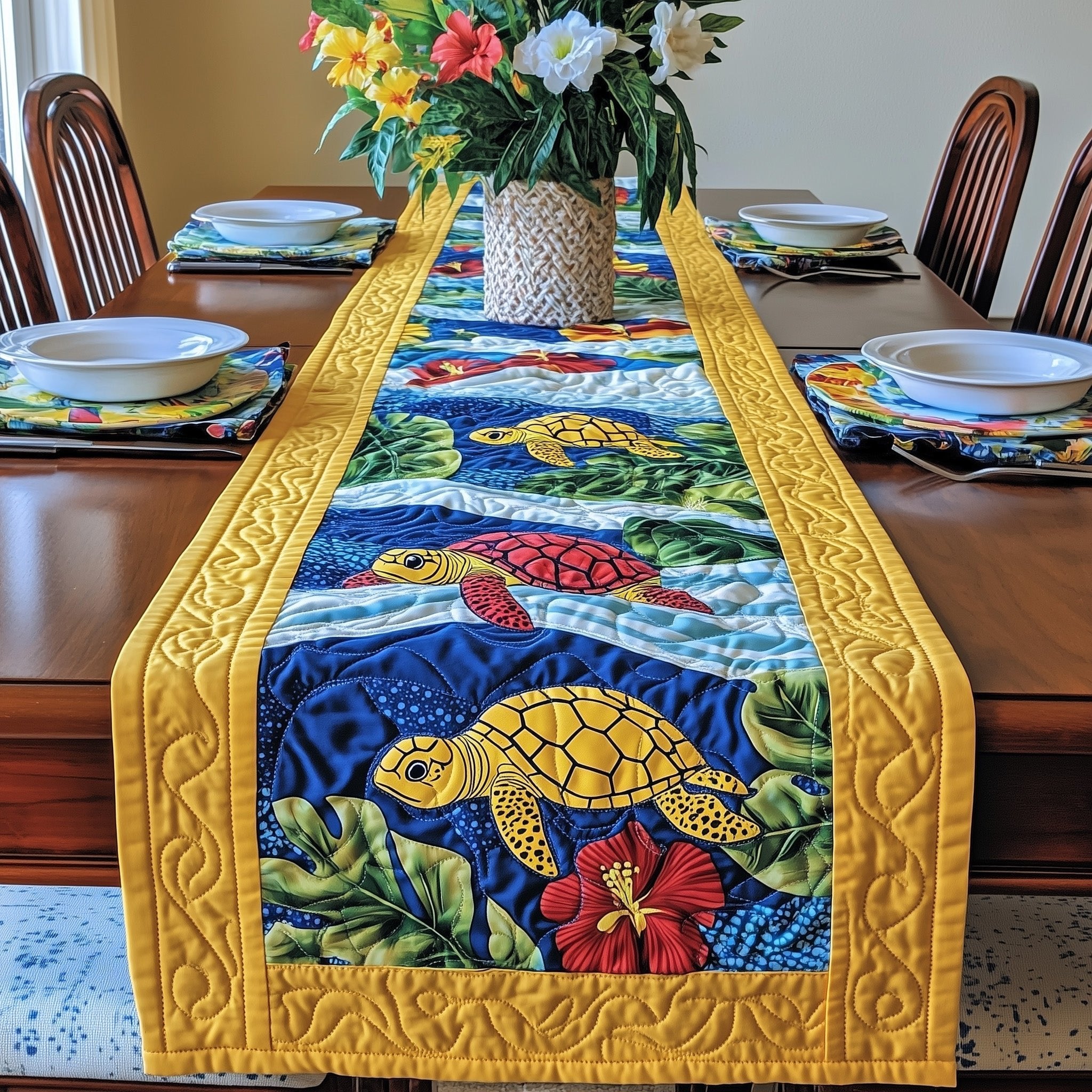 Yellow Turtle in Deep Blue Water Table Runner