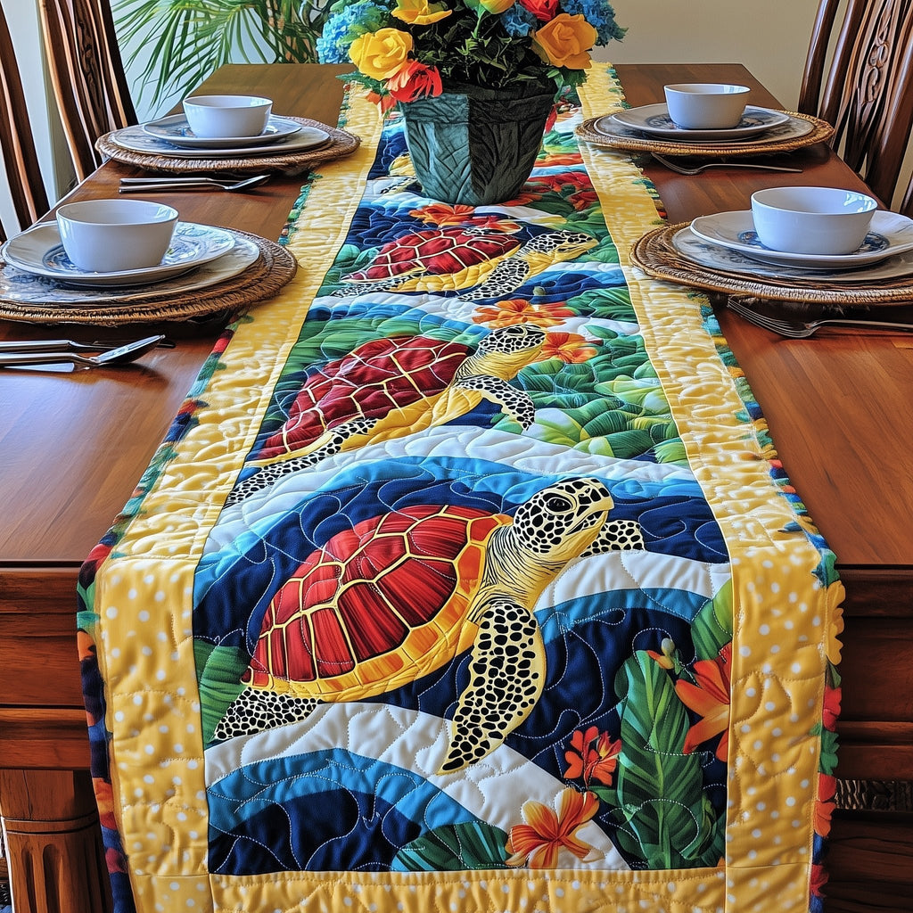 Two Turtles with Coral and Waves Table Runner