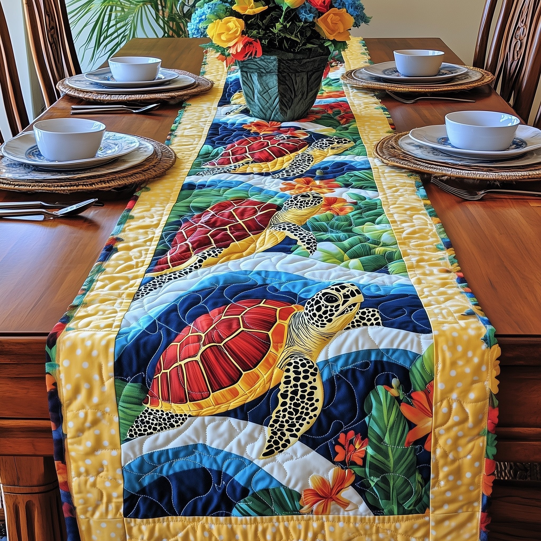 Two Turtles with Coral and Waves Table Runner
