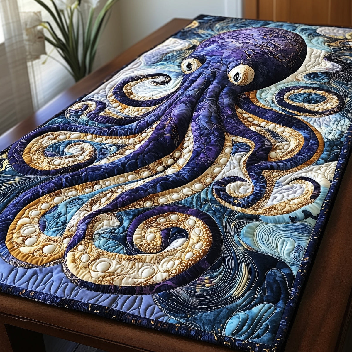 Purple Octopus in Swirling Water Table Runner