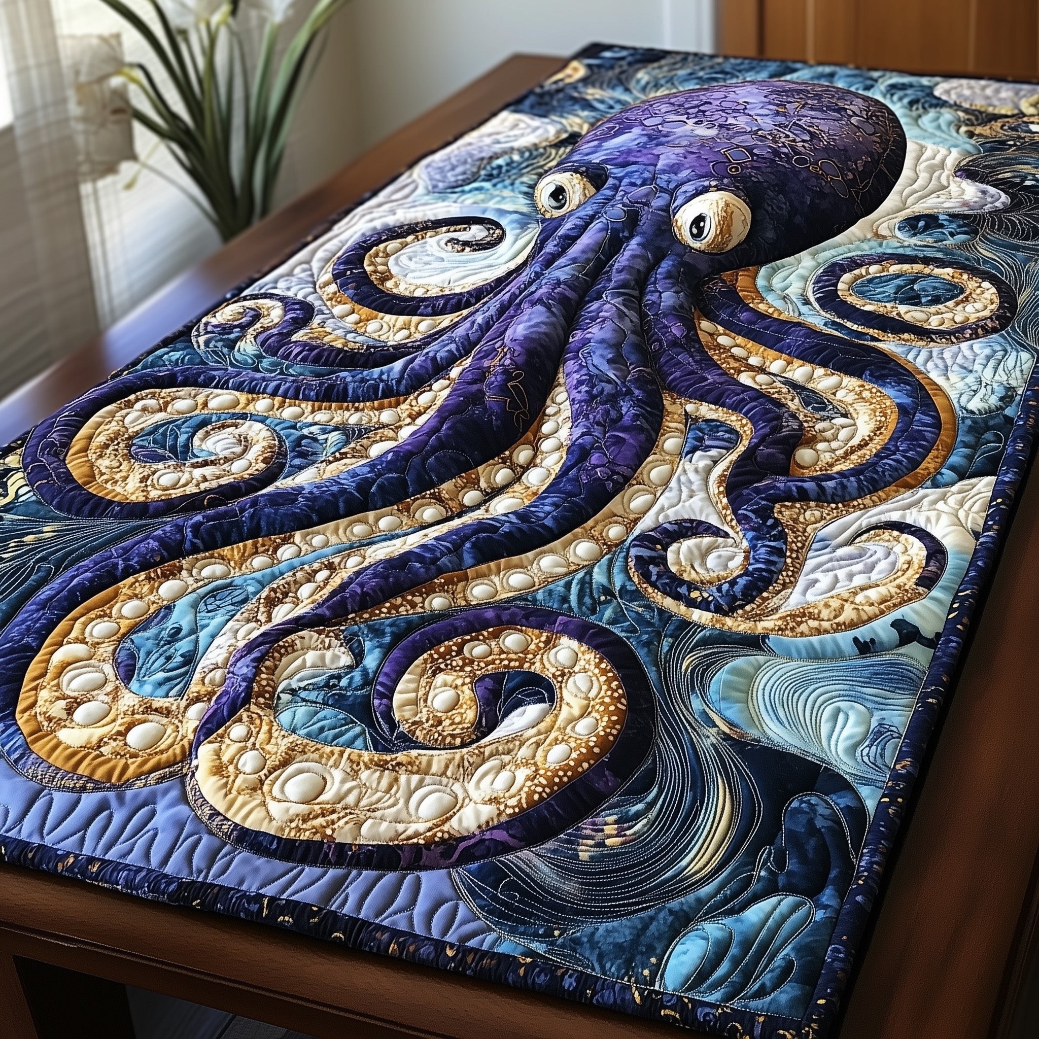 Purple Octopus in Swirling Water Table Runner