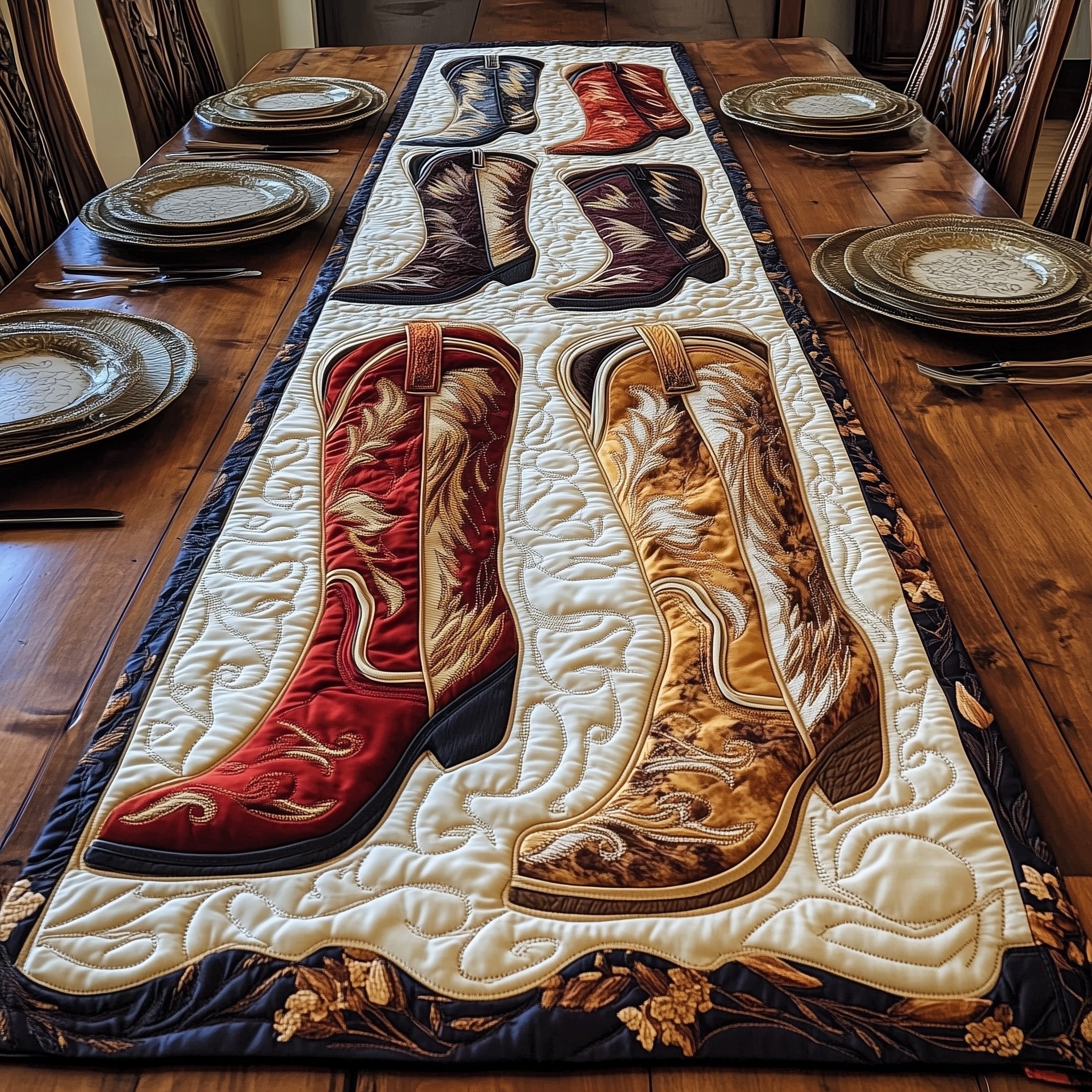 Red and Tan Cowboy Boots Table Runner