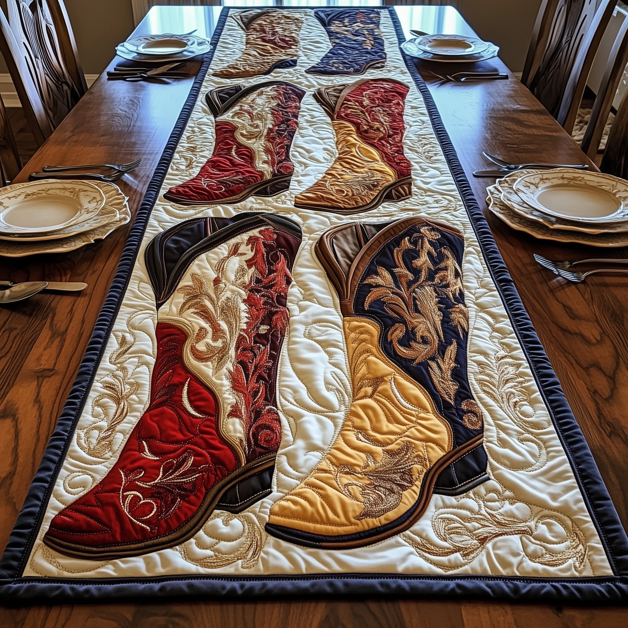 Two Boots with Scroll Tooling Table Runner