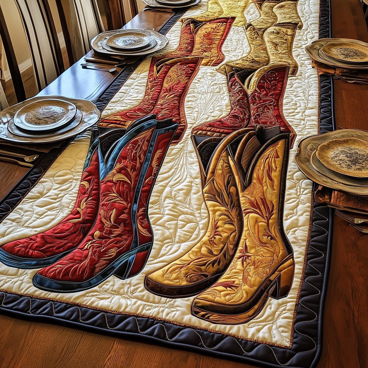 Red and Cream Boots in Pairs Table Runner
