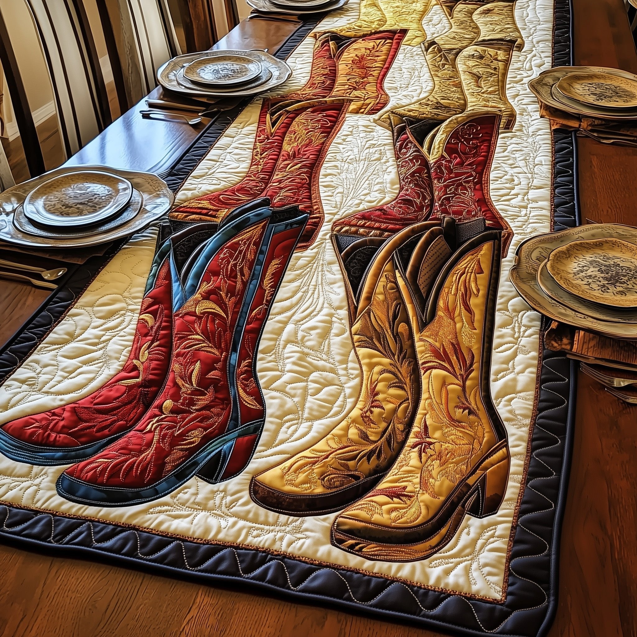 Red and Cream Boots in Pairs Table Runner