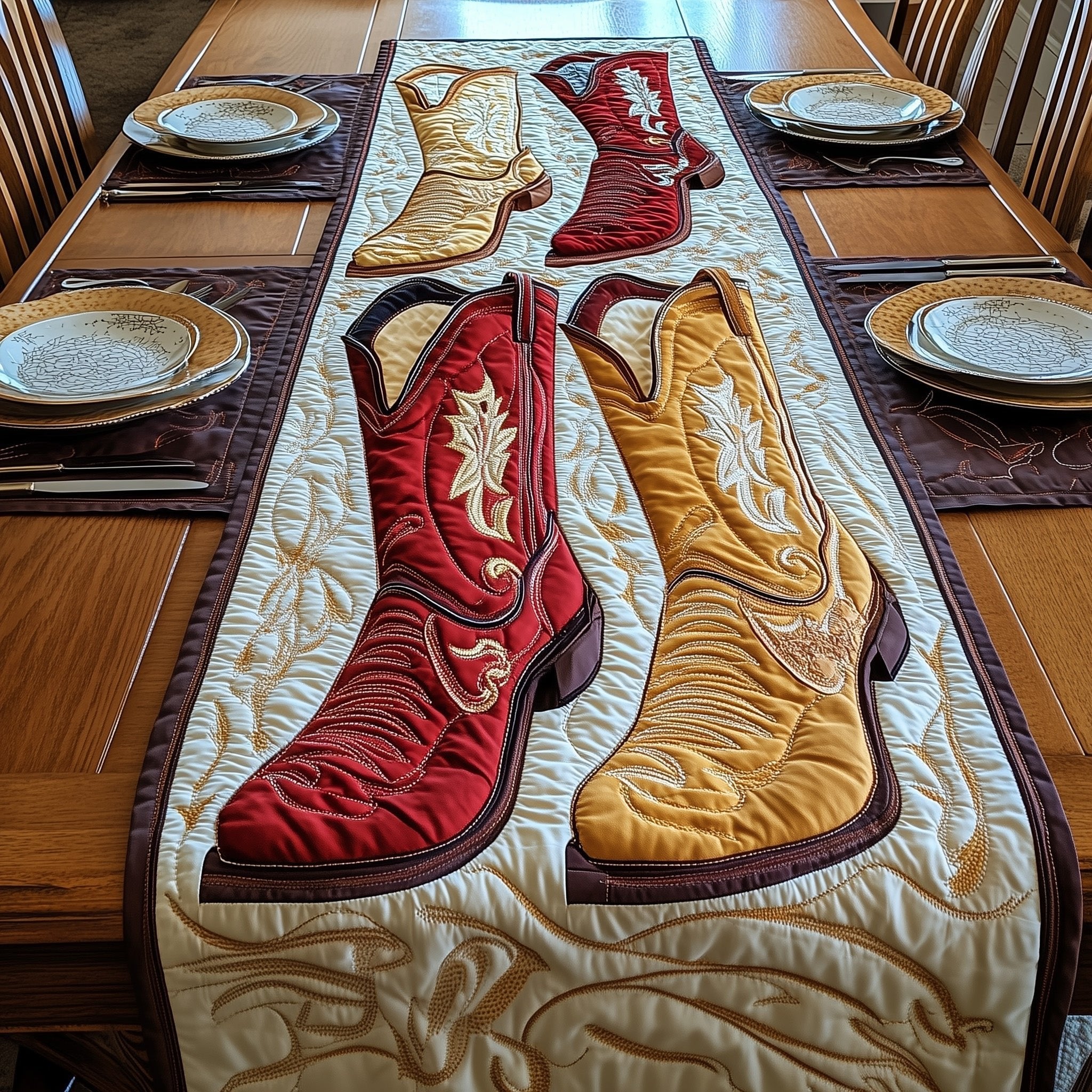 Red Boot with Cream Boot Table Runner