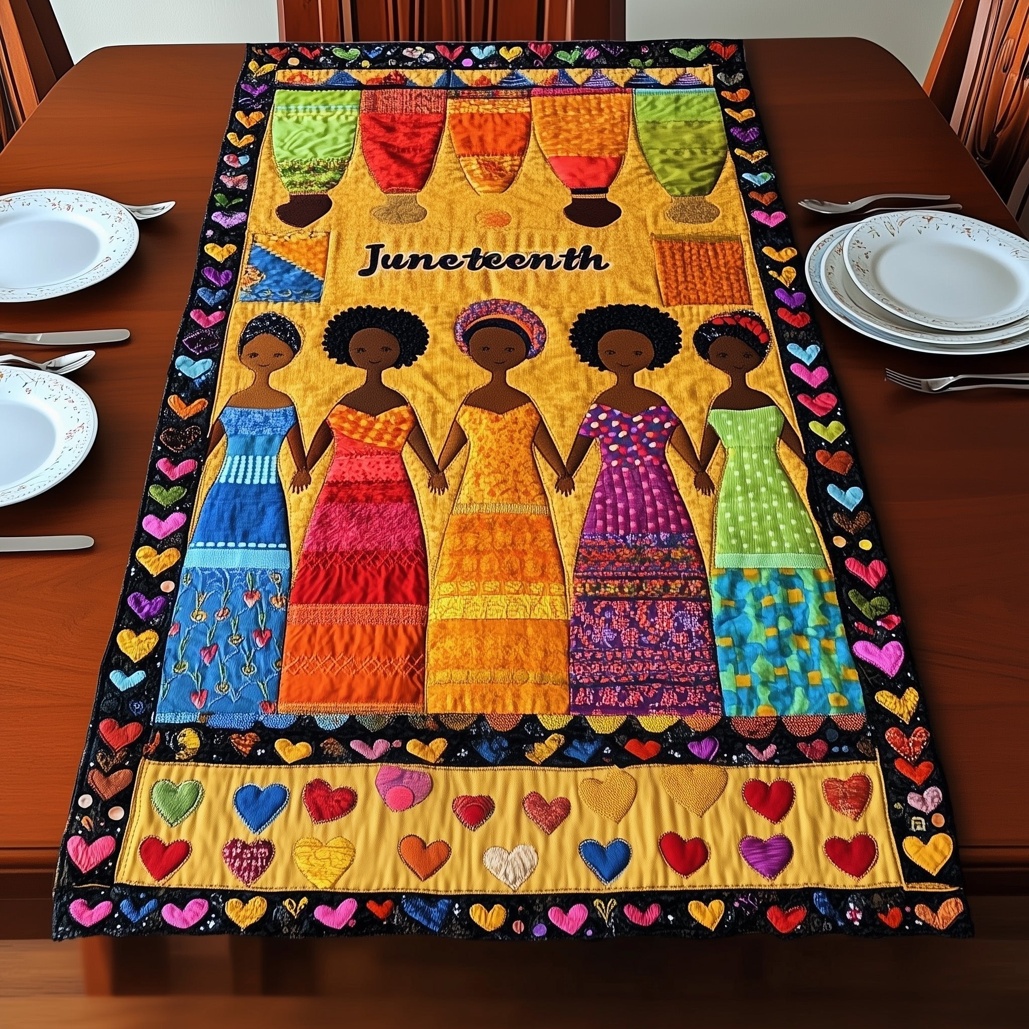 Juneteenth Five Women on Black Border Table Runner