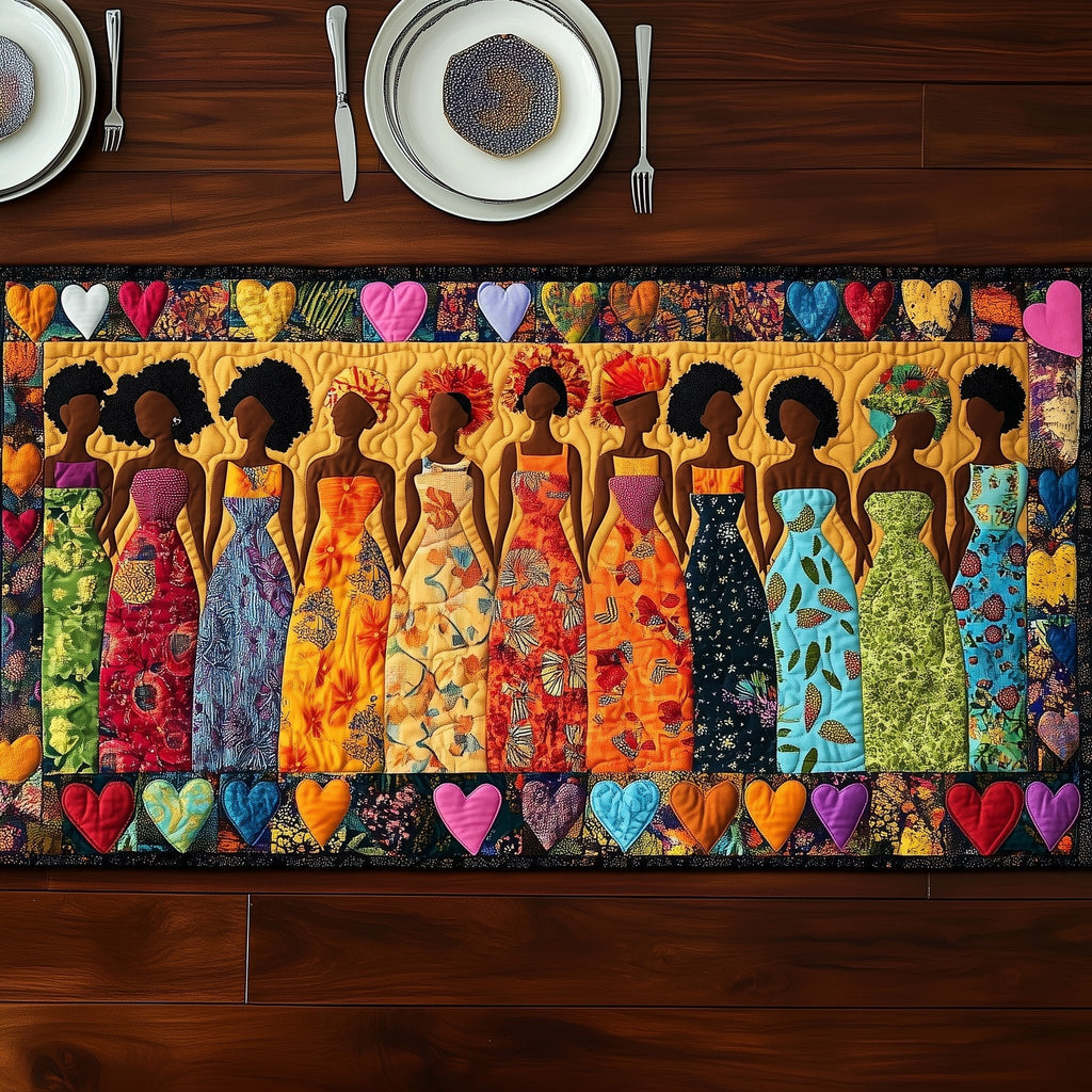 Women in Print Dresses on Gold Table Runner
