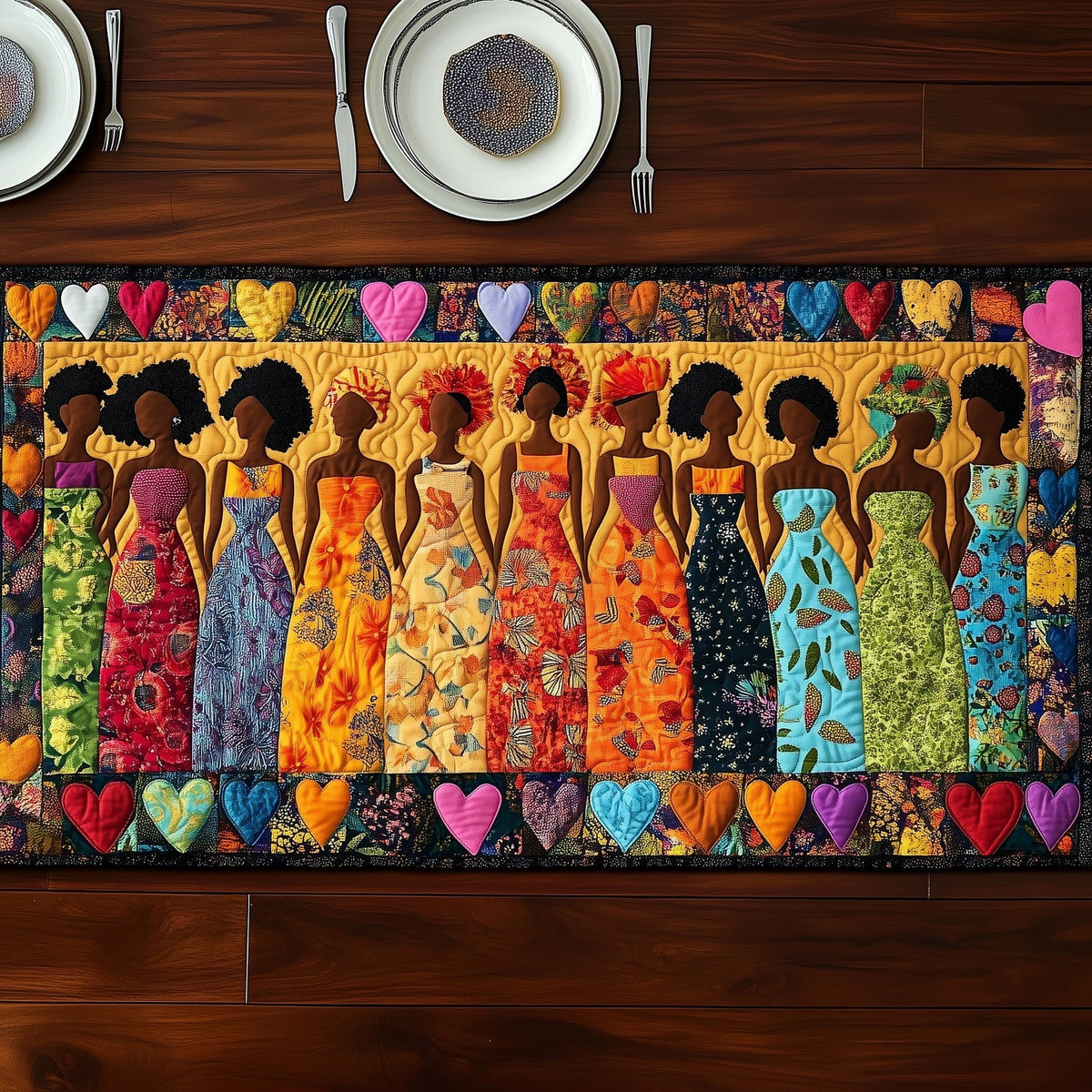 Women in Print Dresses on Gold Table Runner