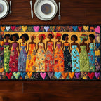 Women in Print Dresses on Gold Table Runner