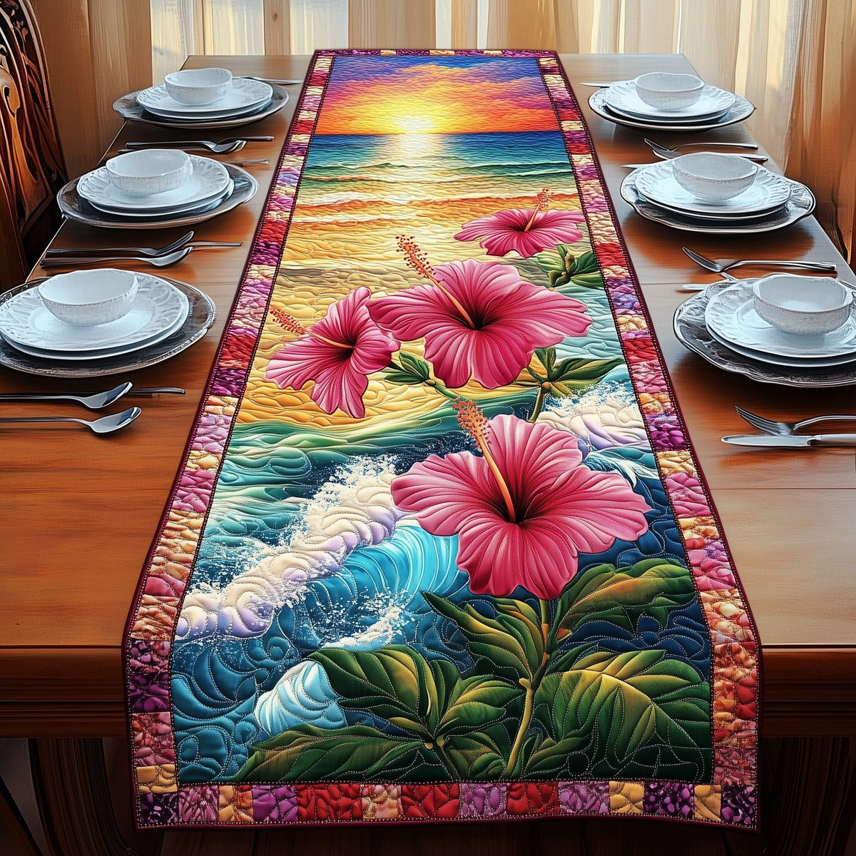 Pink Hibiscus over Ocean Wave Table Runner