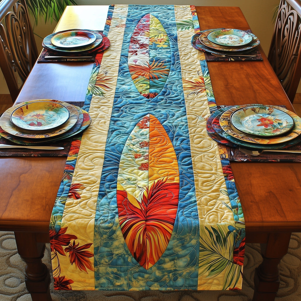 Tropical Leaves in Blue Ovals Table Runner