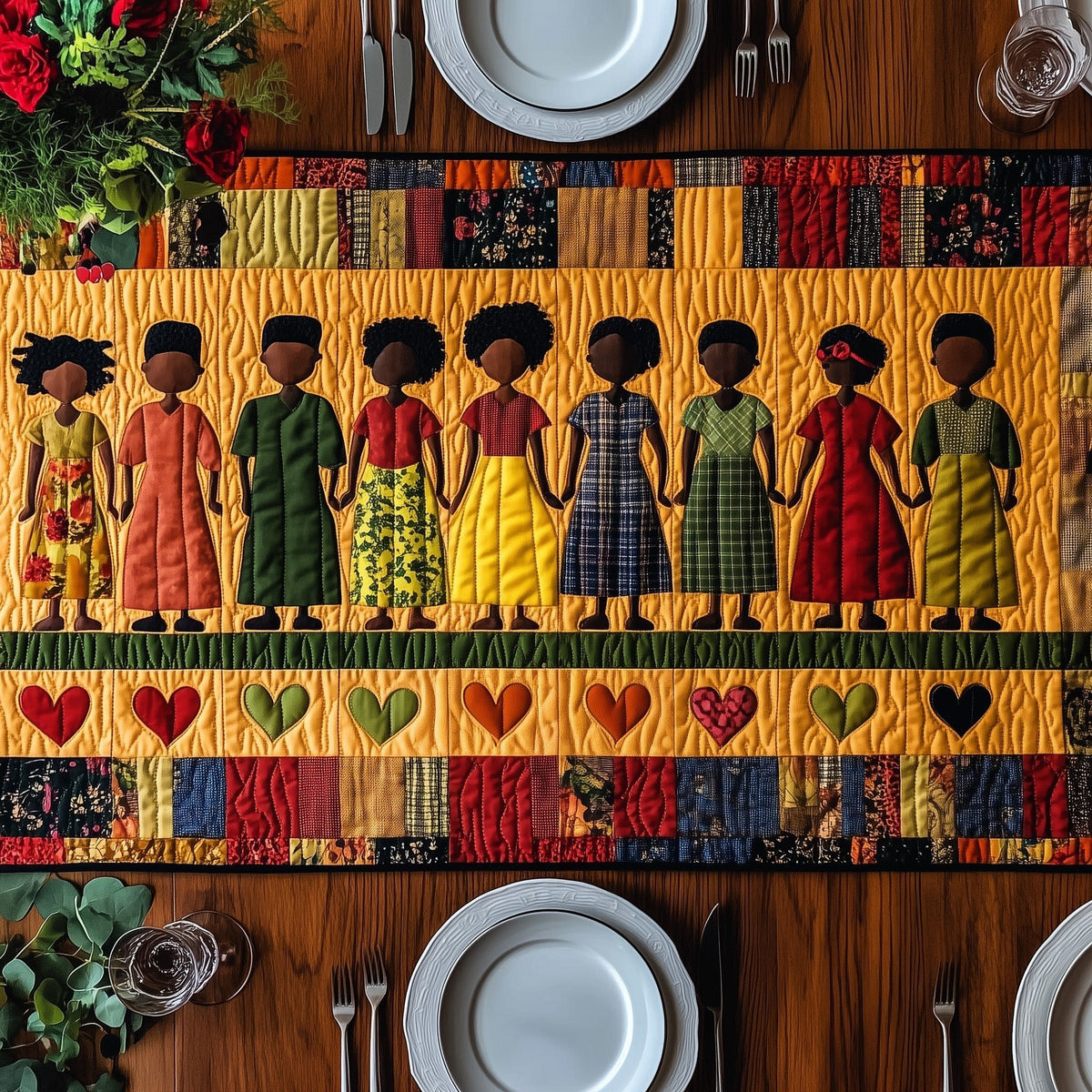 Row of Figures with Hearts Below Table Runner