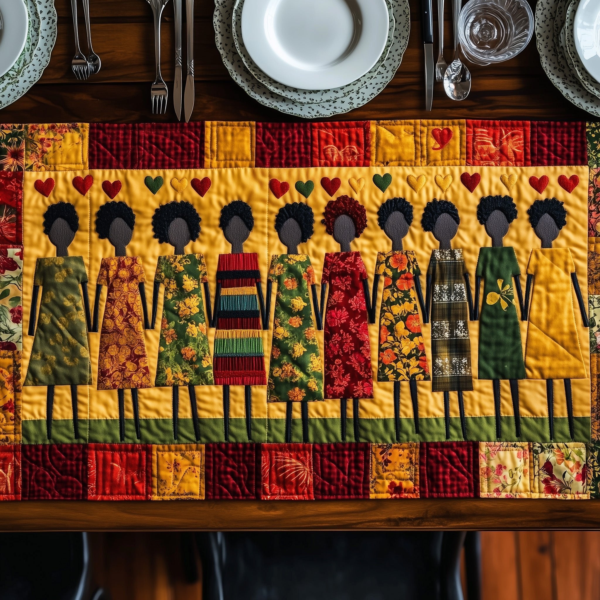 Crowd in Striped Dresses on Gold Table Runner