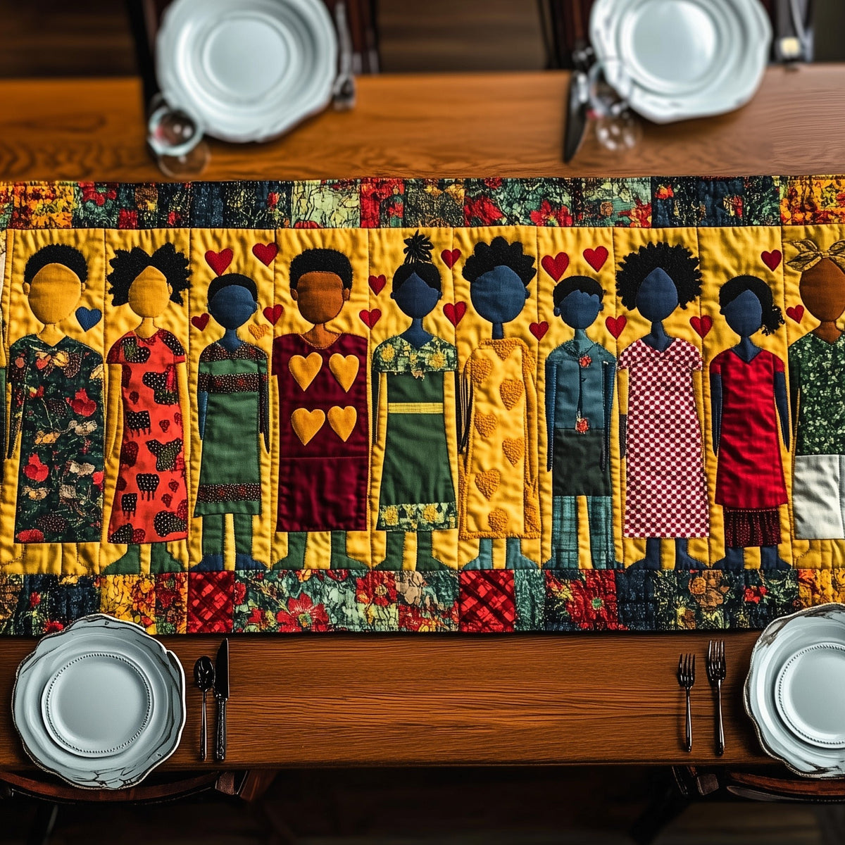 Figures with Hearts on Blue Base Table Runner
