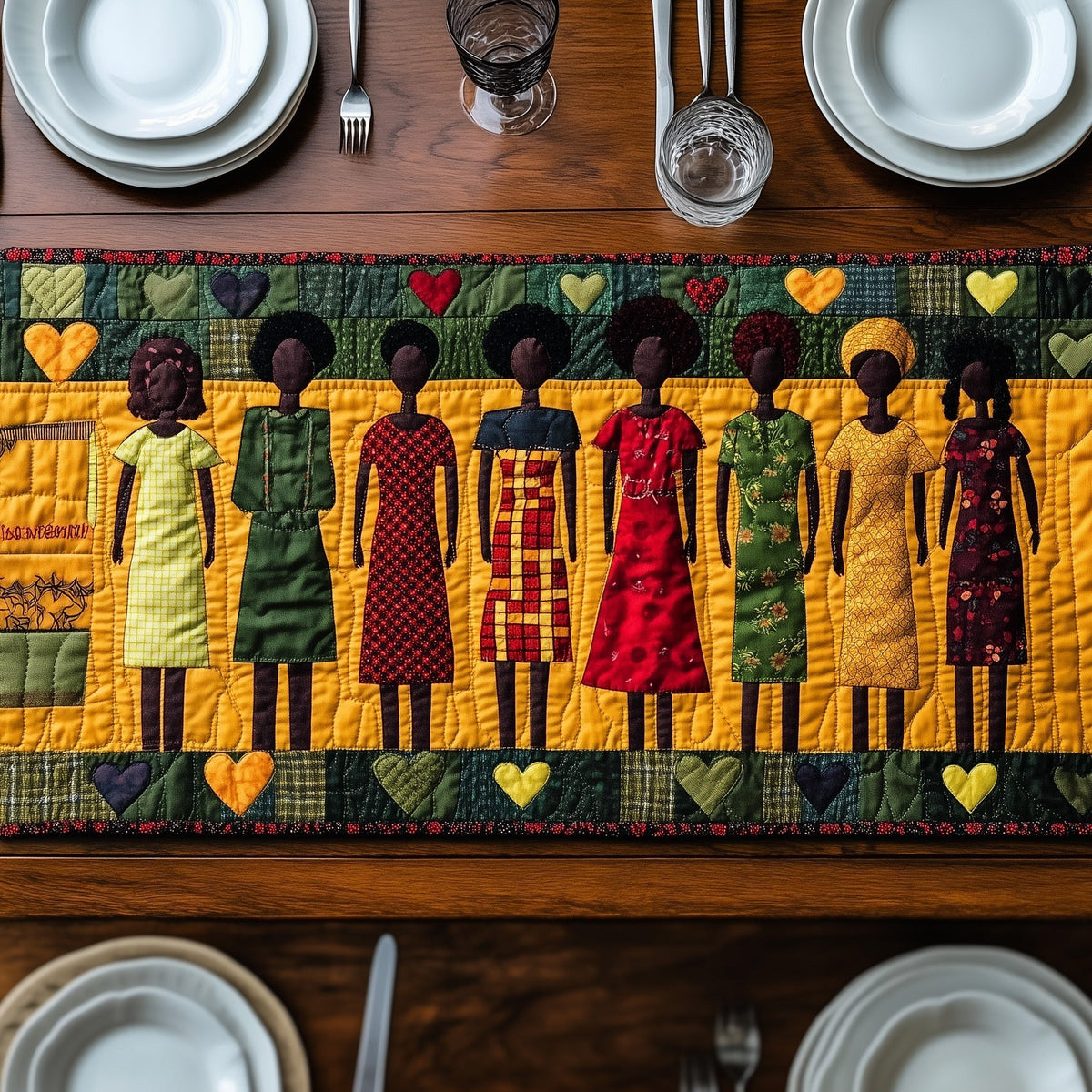 Women in Dresses on Green Border Table Runner