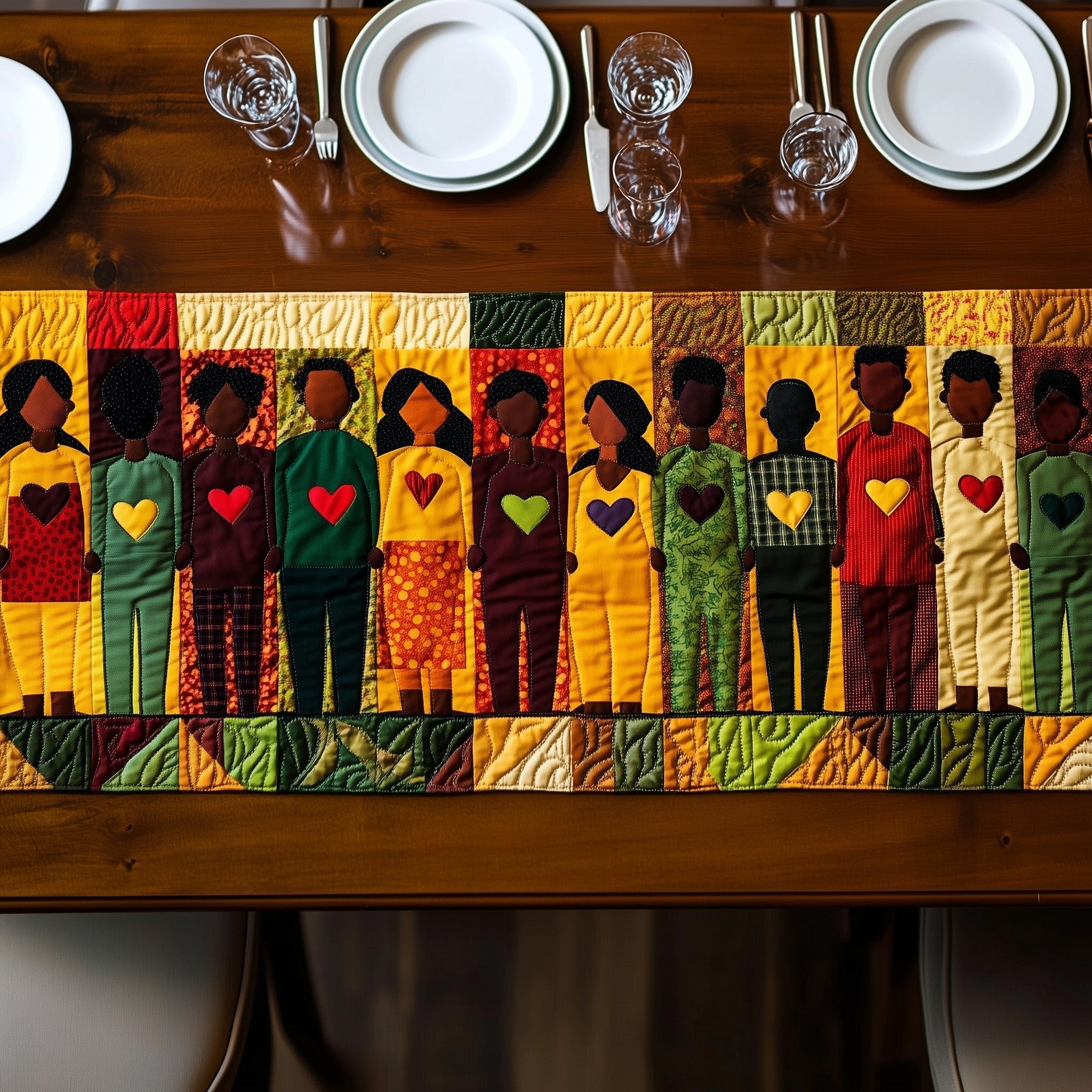 Figures with Heart Chests on Gold Table Runner
