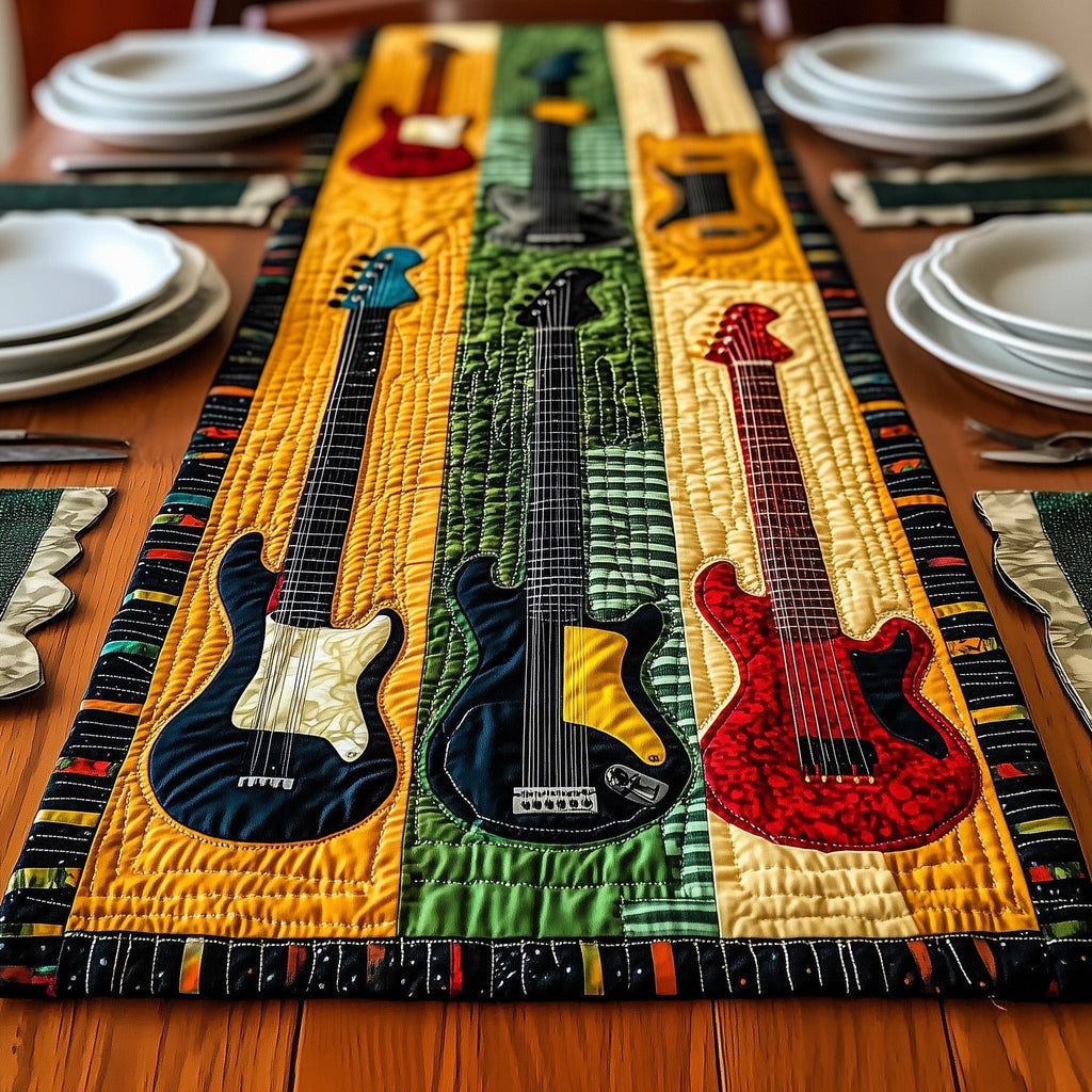 Electric Guitars on Gold Stripes Table Runner