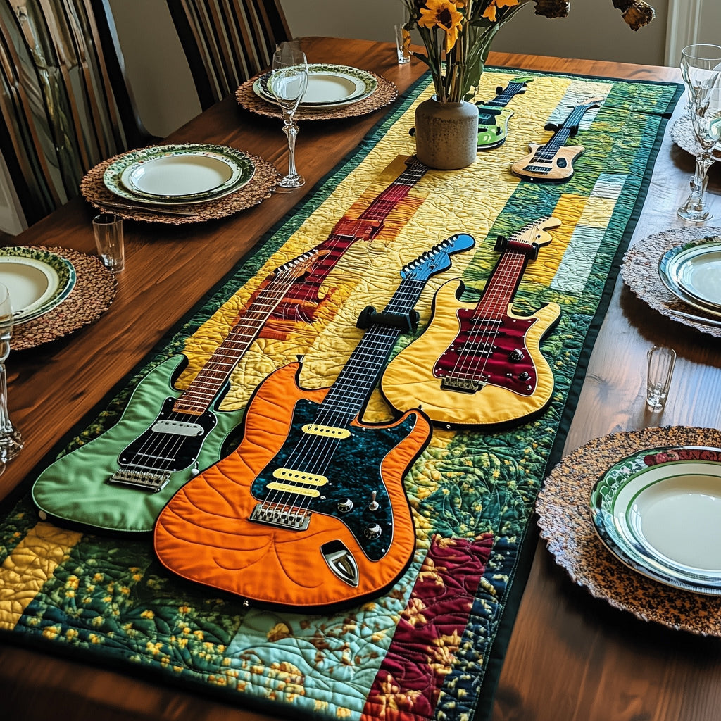 Orange and Black Guitars on Green Table Runner