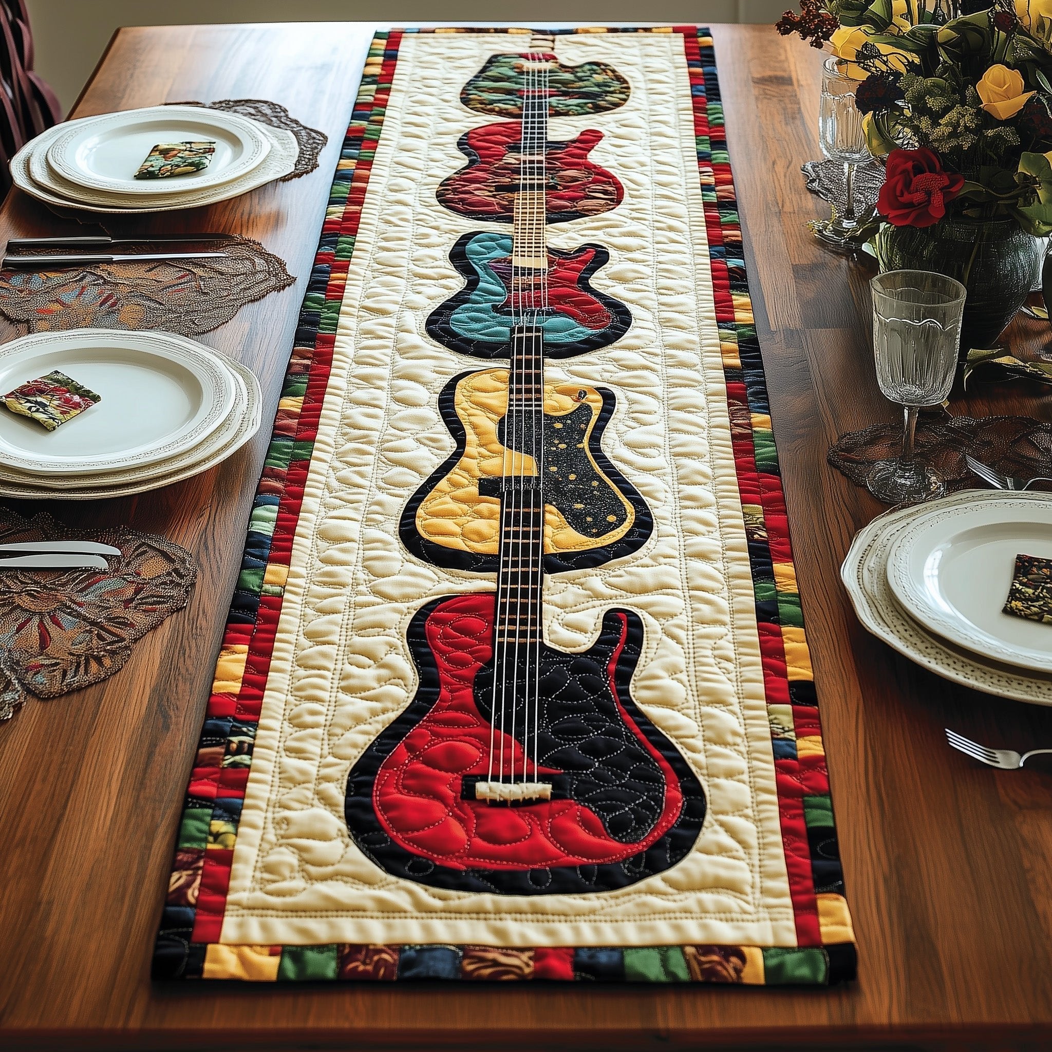 Red and Black Guitars on Cream Table Runner