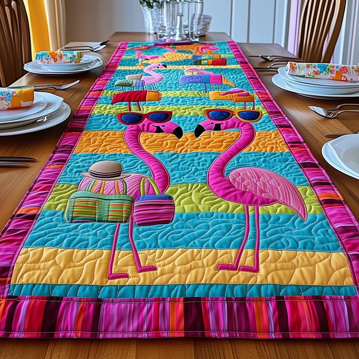 Flamingos with Sunglasses on Stripes Table Runner
