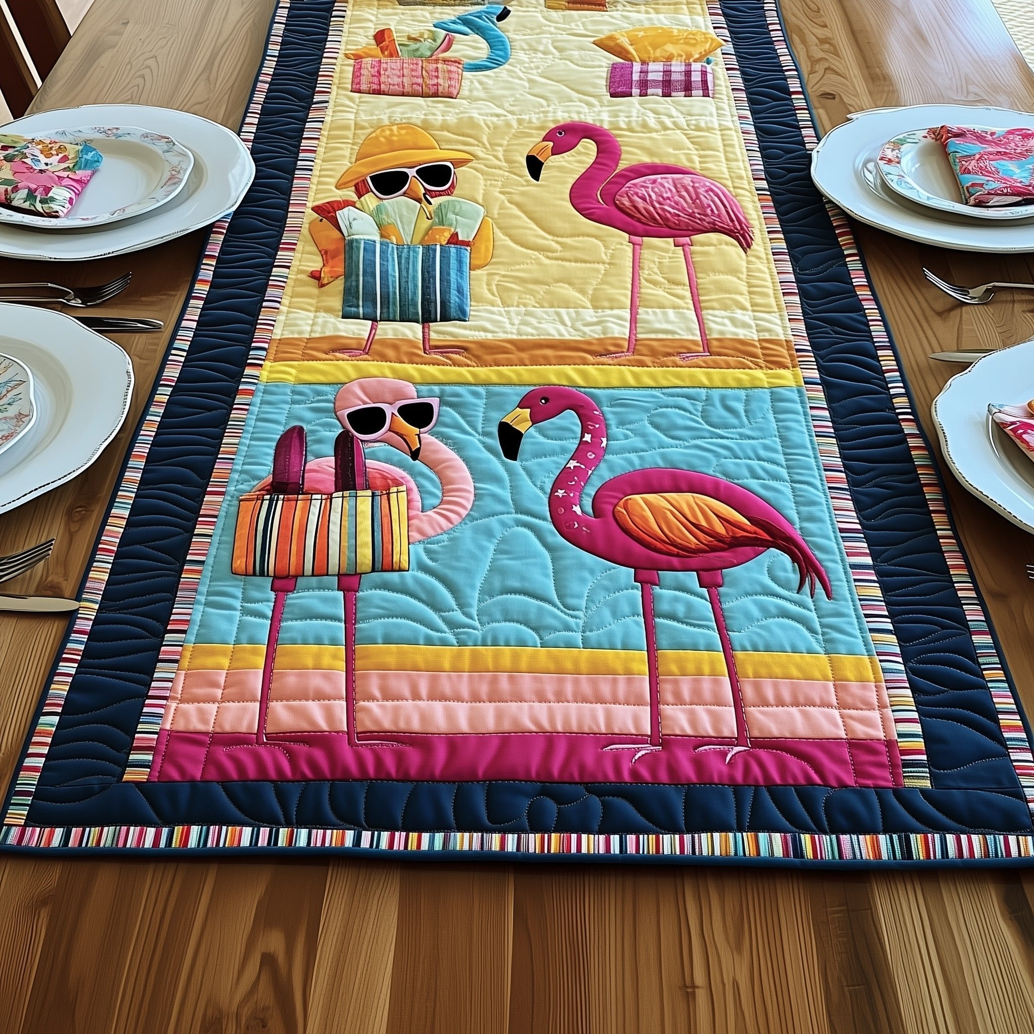 Flamingos on Striped Beach Panel Table Runner