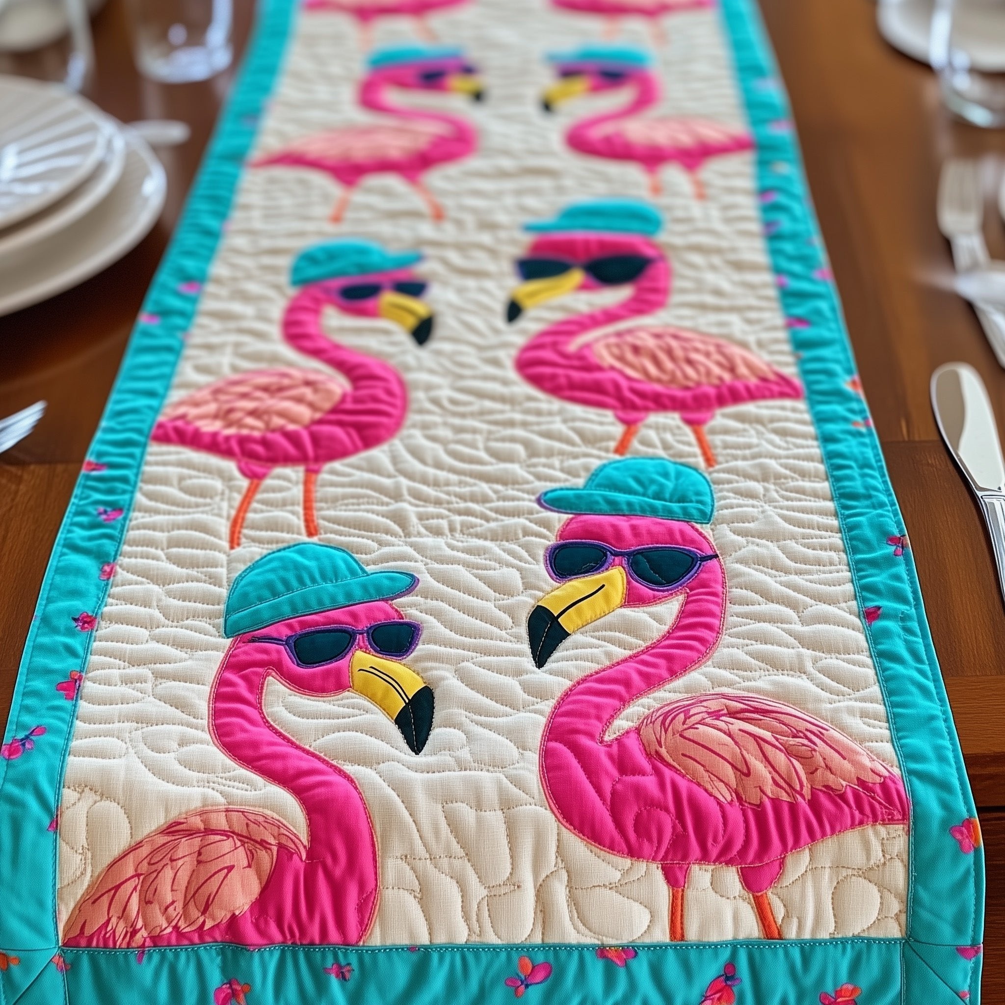 Flamingos in Sunglasses on Cream Table Runner