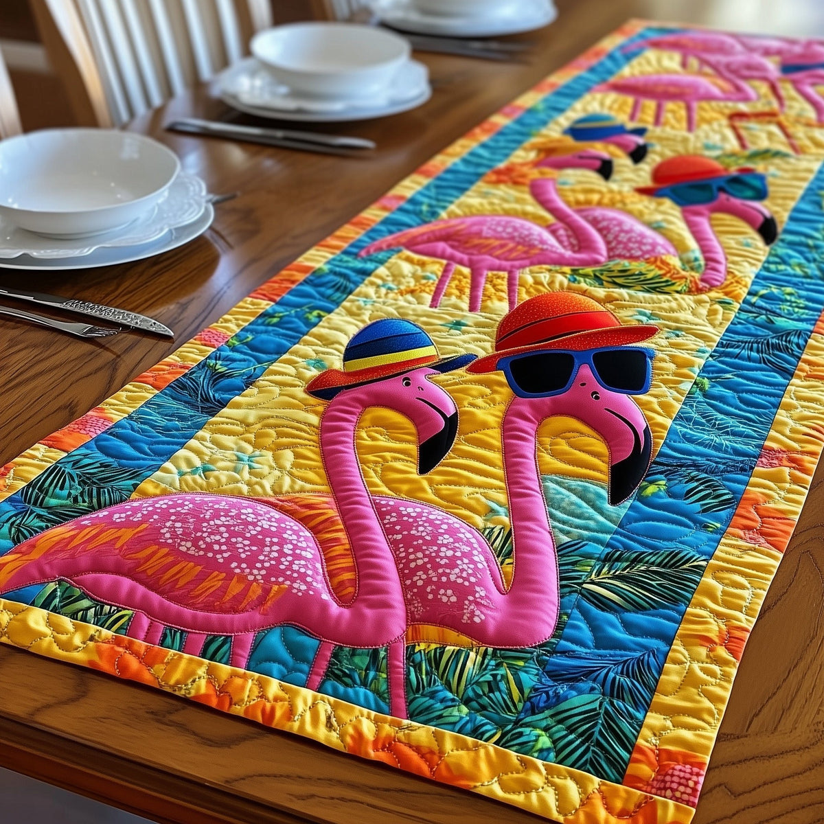 Flamingos in Hats and Shades Table Runner