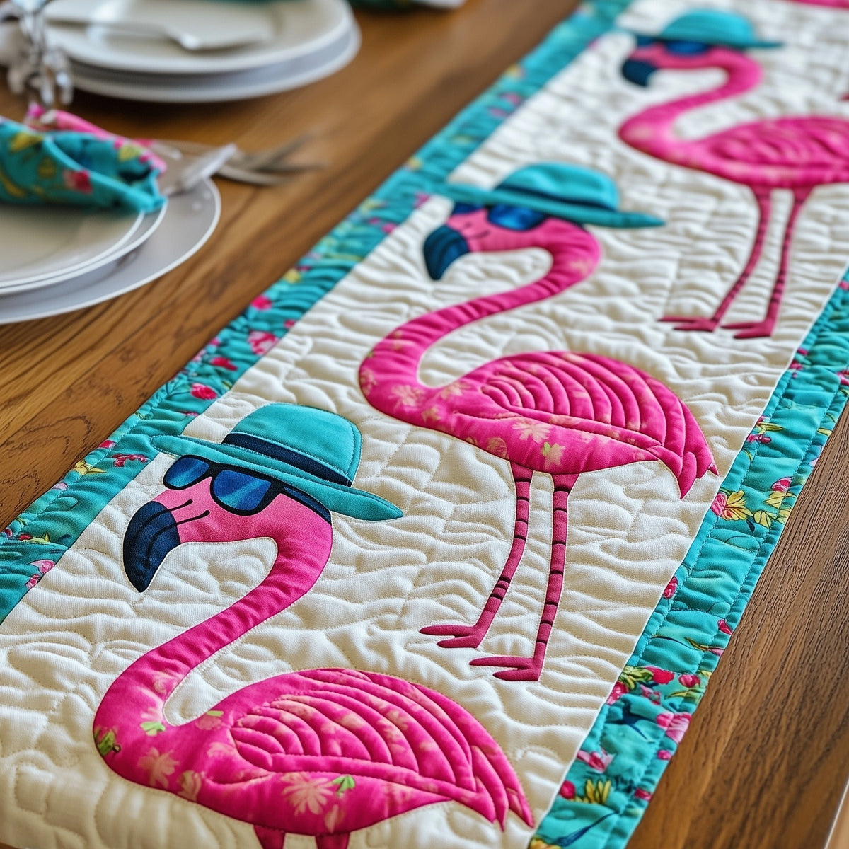 Flamingo with Blue Sun Hat Table Runner