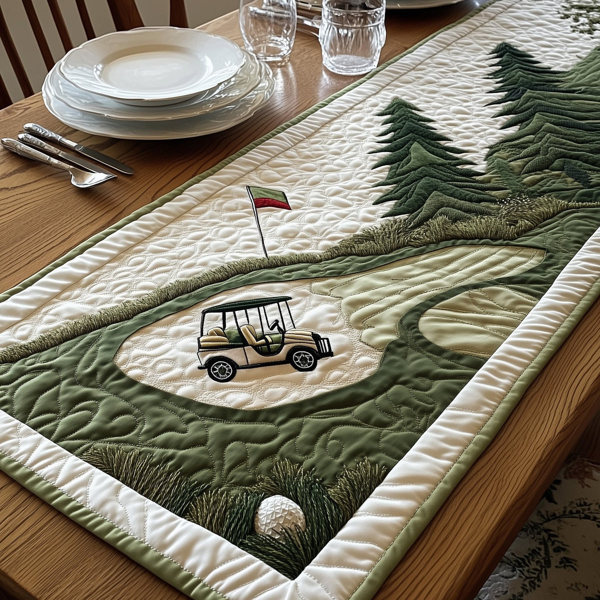 Golf Cart Near Flagged Green Table Runner