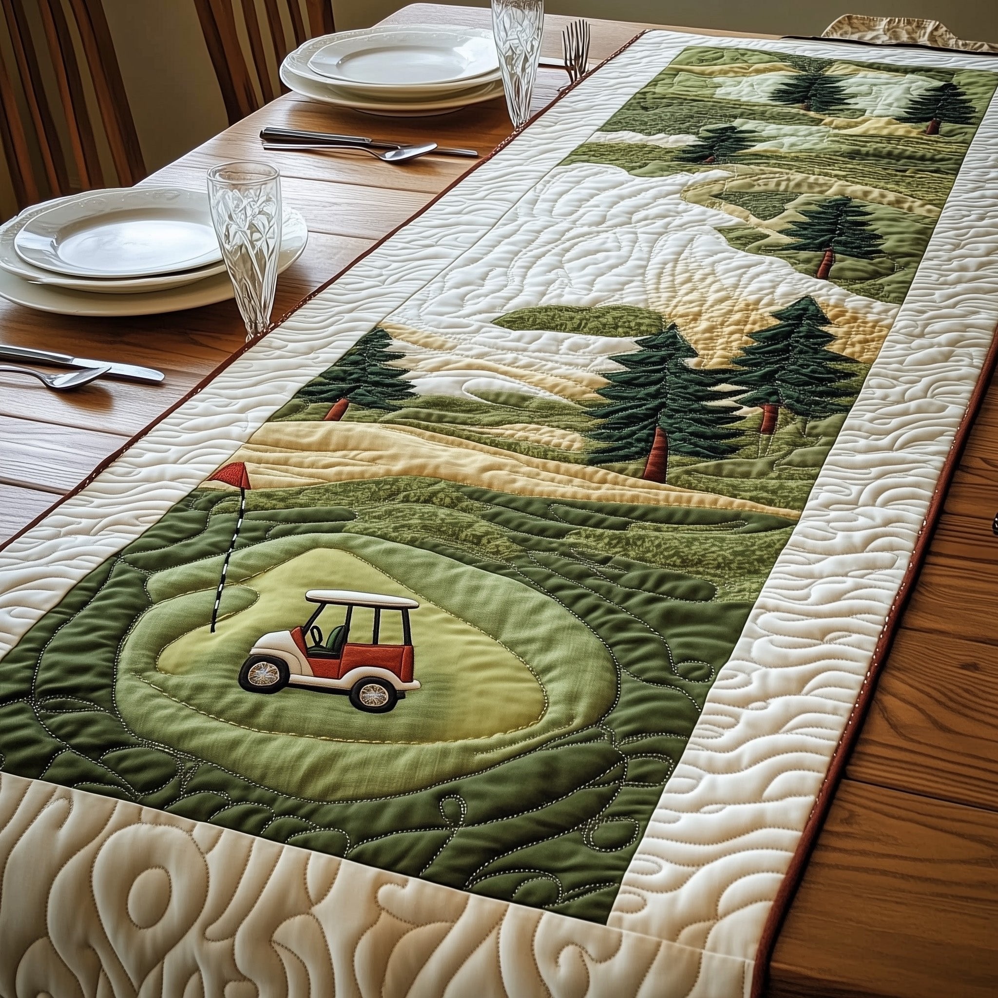 Green Cart on Rolling Fairway Table Runner