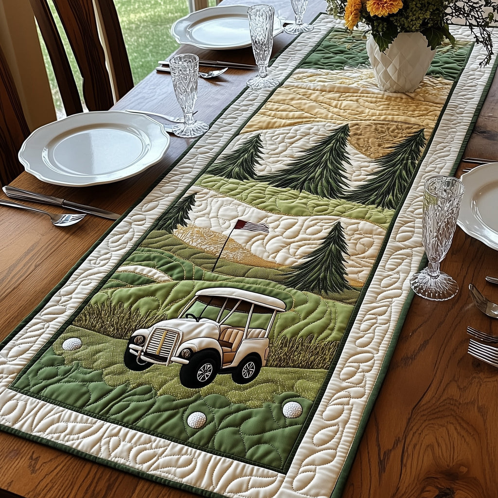 White Golf Cart Among Pines Table Runner