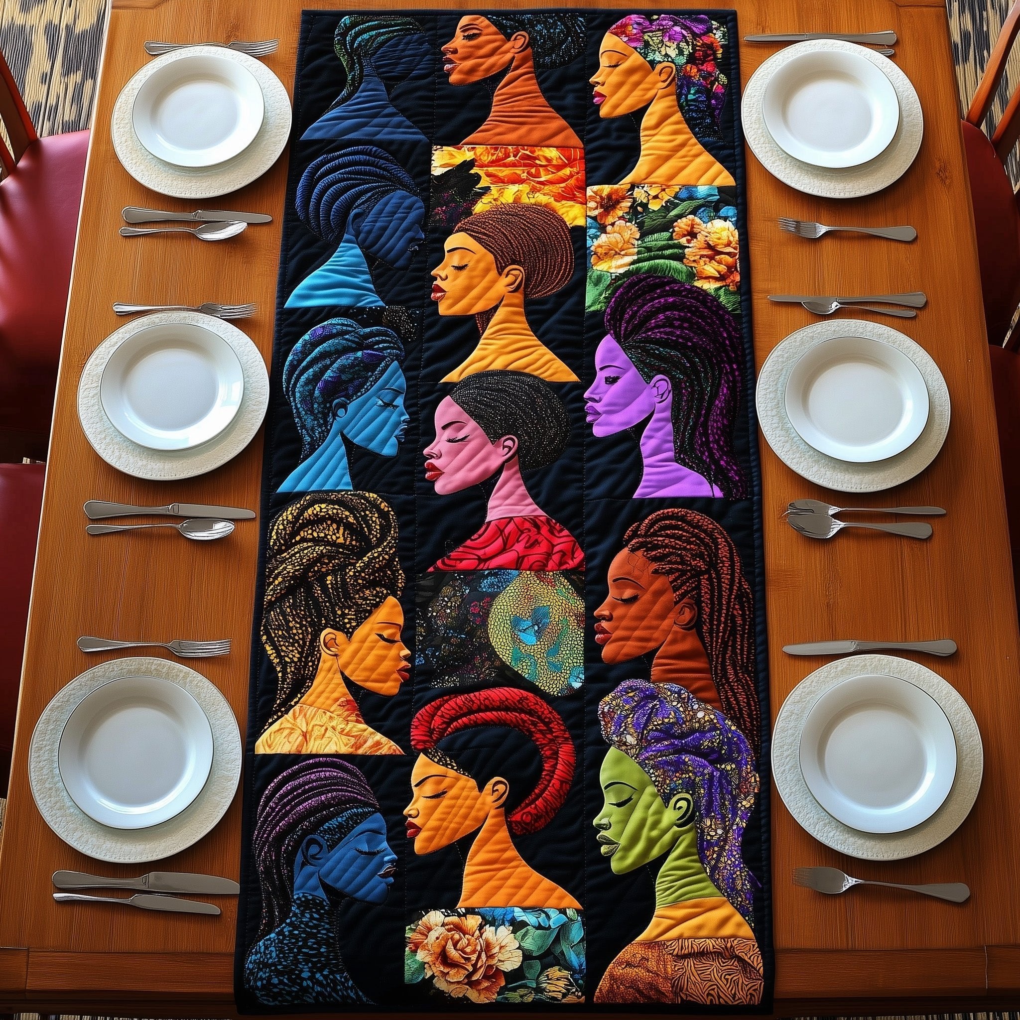 Colorful Faces in Profile Rows Table Runner