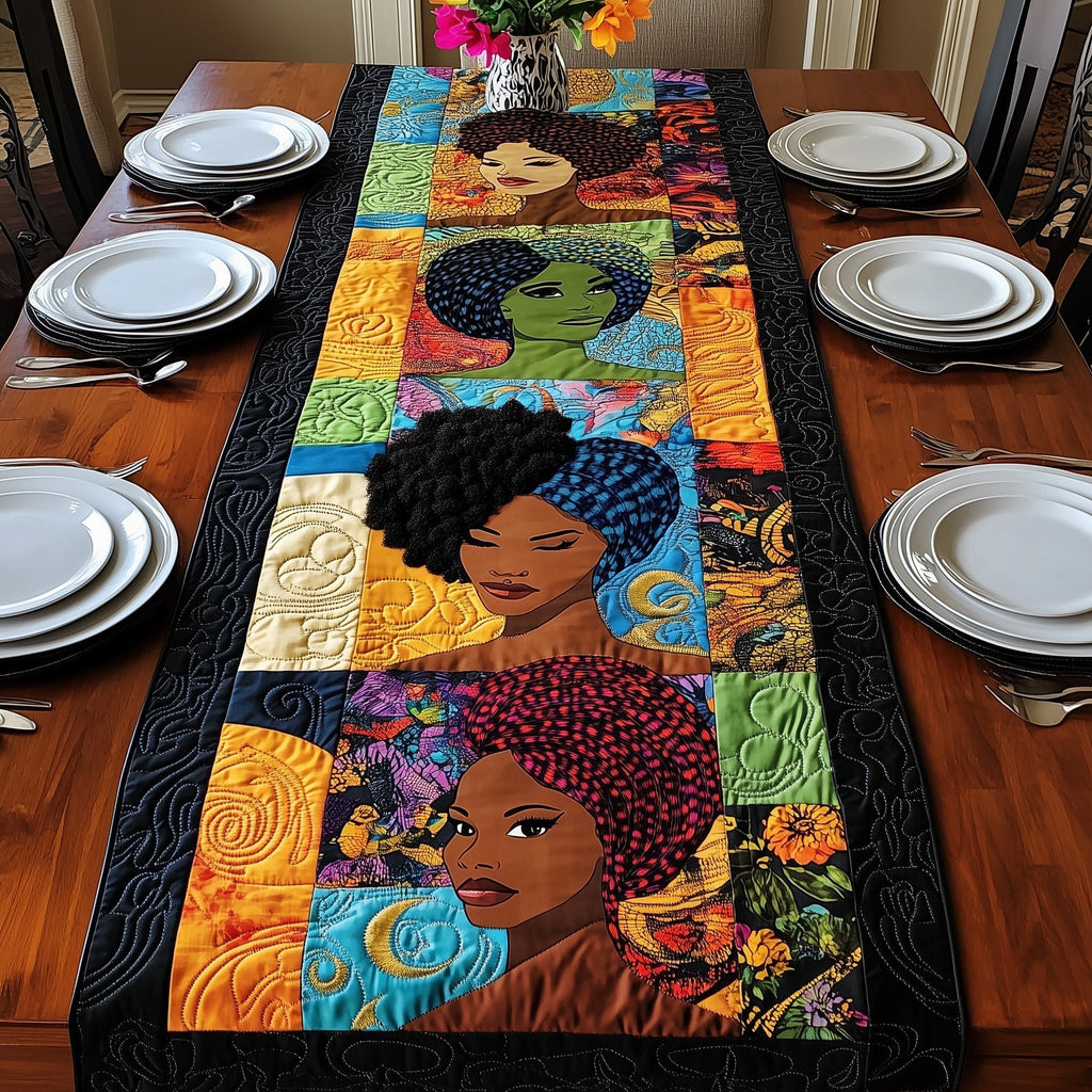Woman with Afro on Patchwork Table Runner