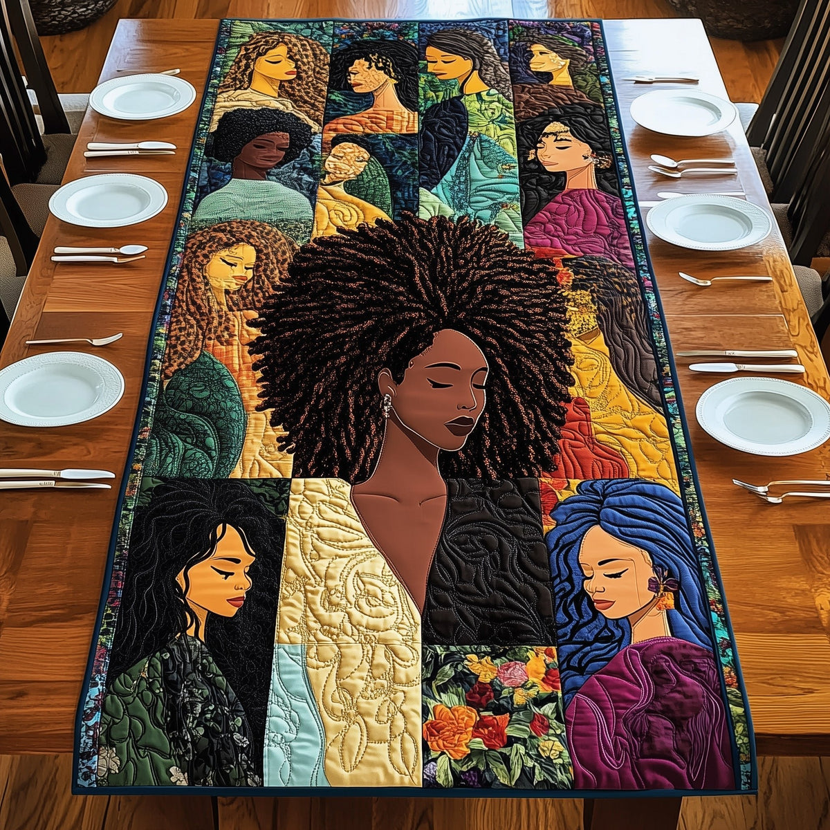 Woman with Large Afro Portrait Table Runner