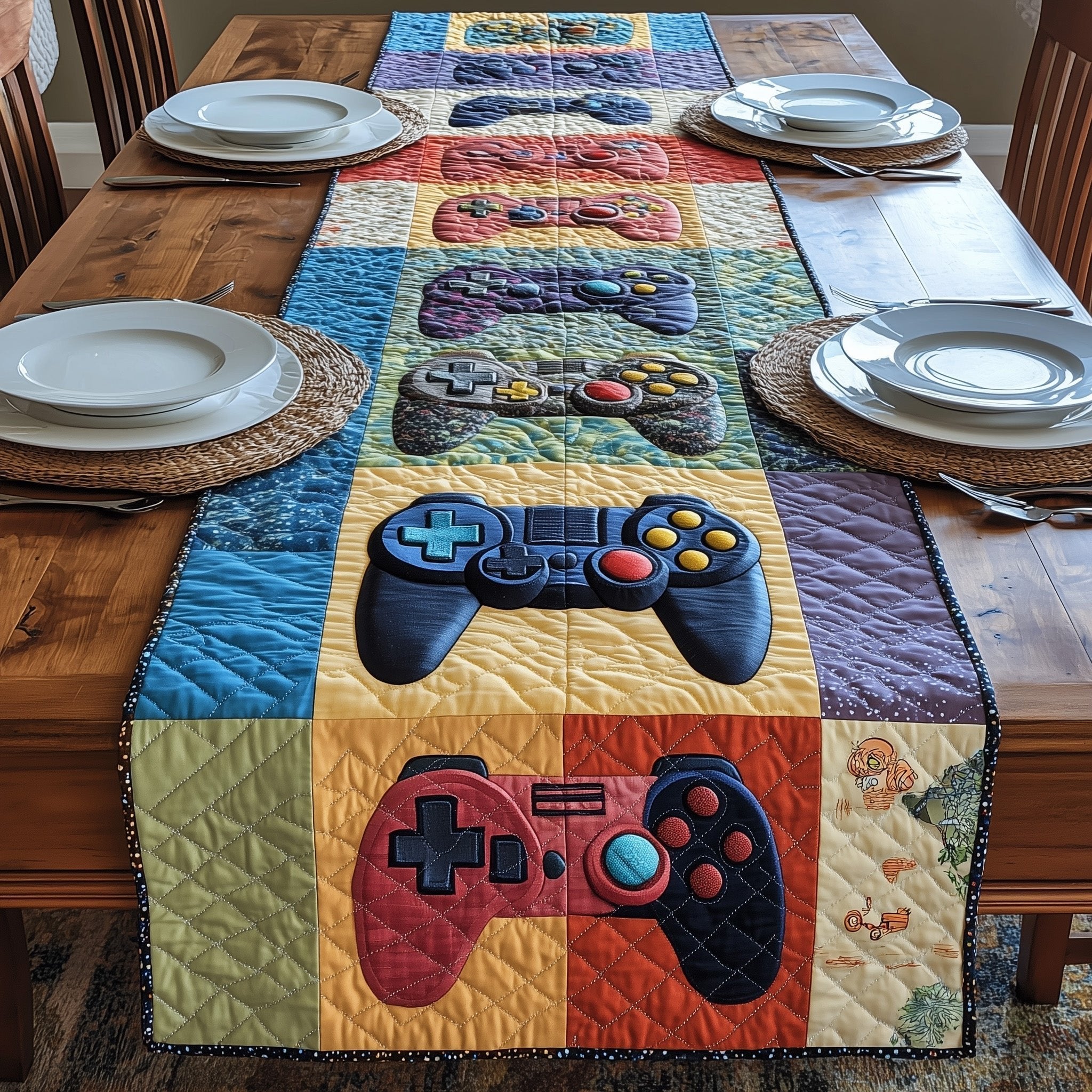 Controllers on Blue and Orange Squares Table Runner