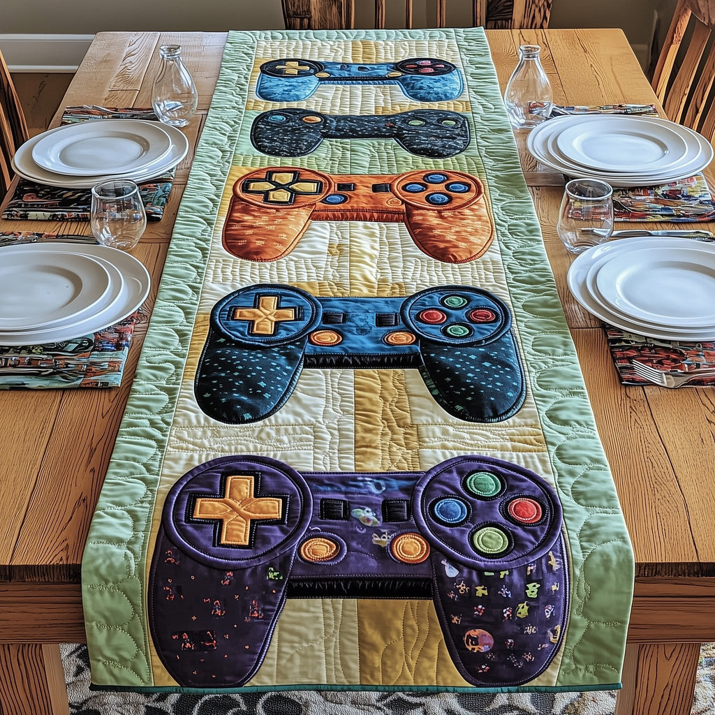 Purple and Orange Controllers on Green Table Runner