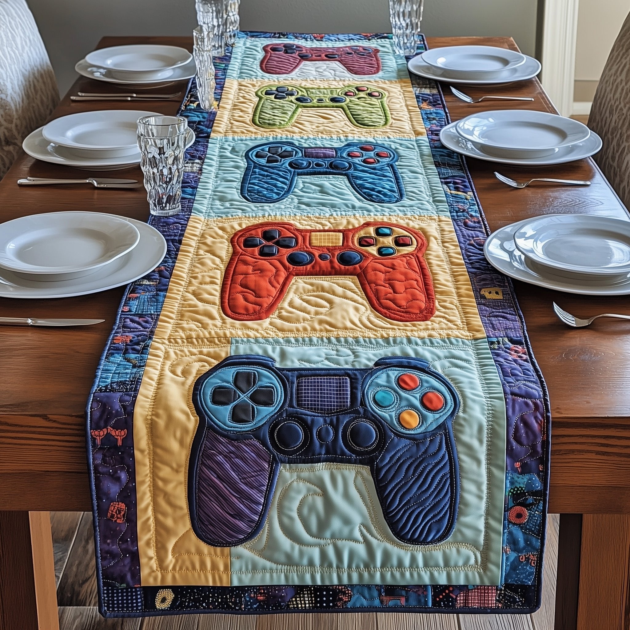 Blue Controllers on Pale Panels Table Runner