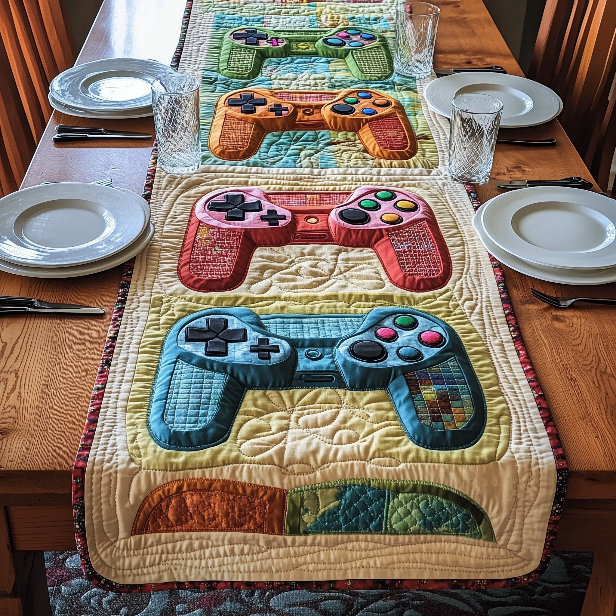 Pink and Blue Controllers on Cream Table Runner