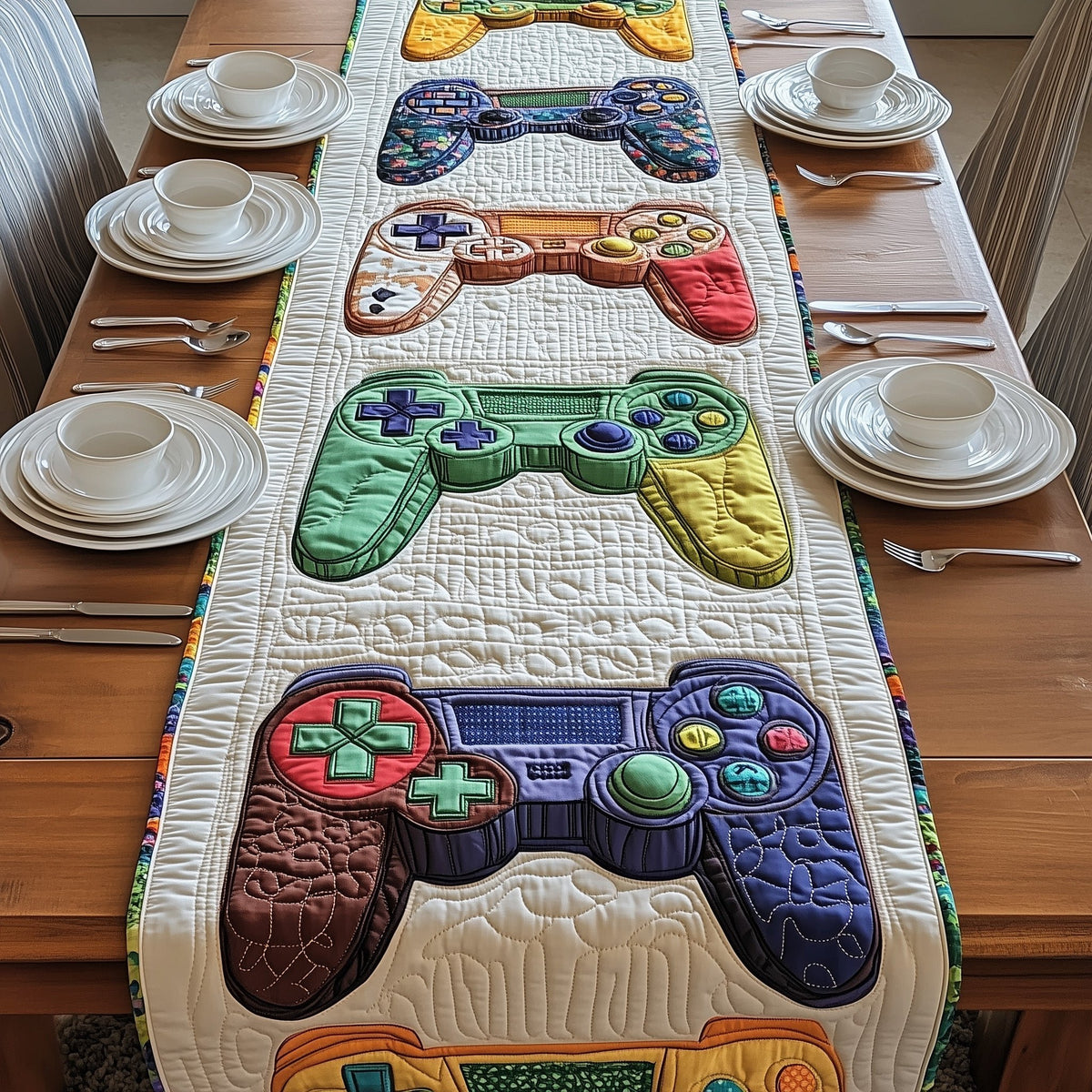 Green and Purple Game Controllers Table Runner