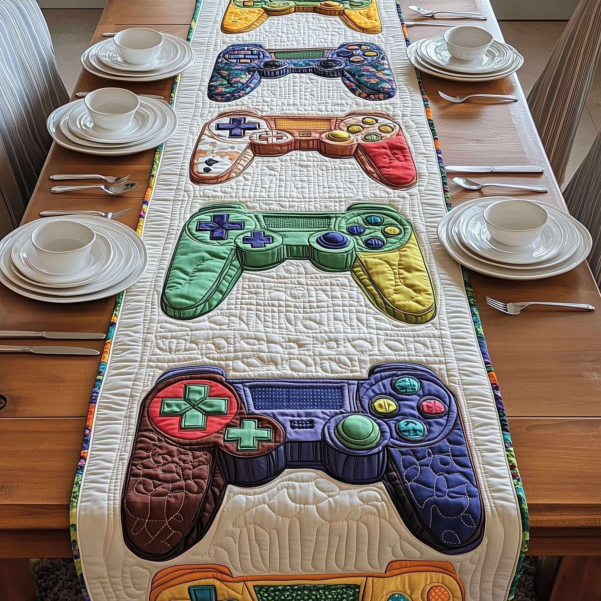 Green and Purple Game Controllers Table Runner